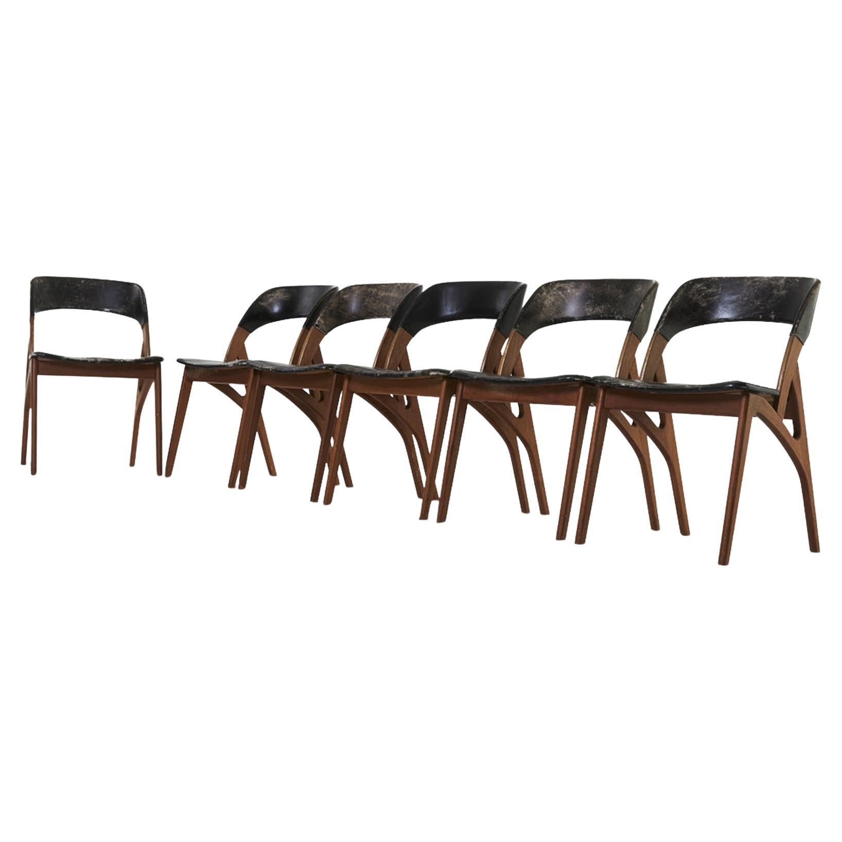 Set of Six Organic Teak Dining Chairs in Black Leather For Sale
