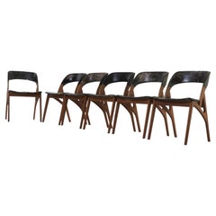 Retro Set of Six Organic Teak Dining Chairs in Black Leather