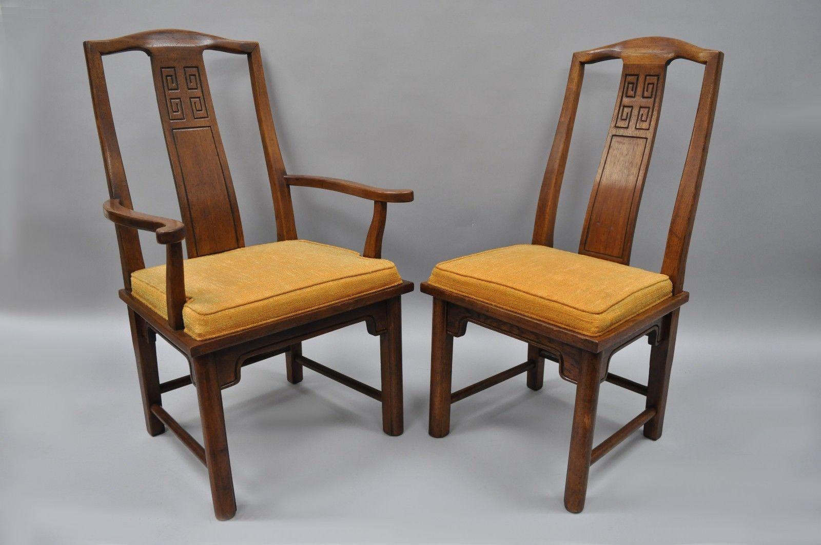 Set of six vintage oriental James Mont style dining chairs by century furniture. Item features heavy solid wood construction, beautiful woodgrain, nicely carved details, original label, quality American craftsmanship, circa 1960s. Measurements: