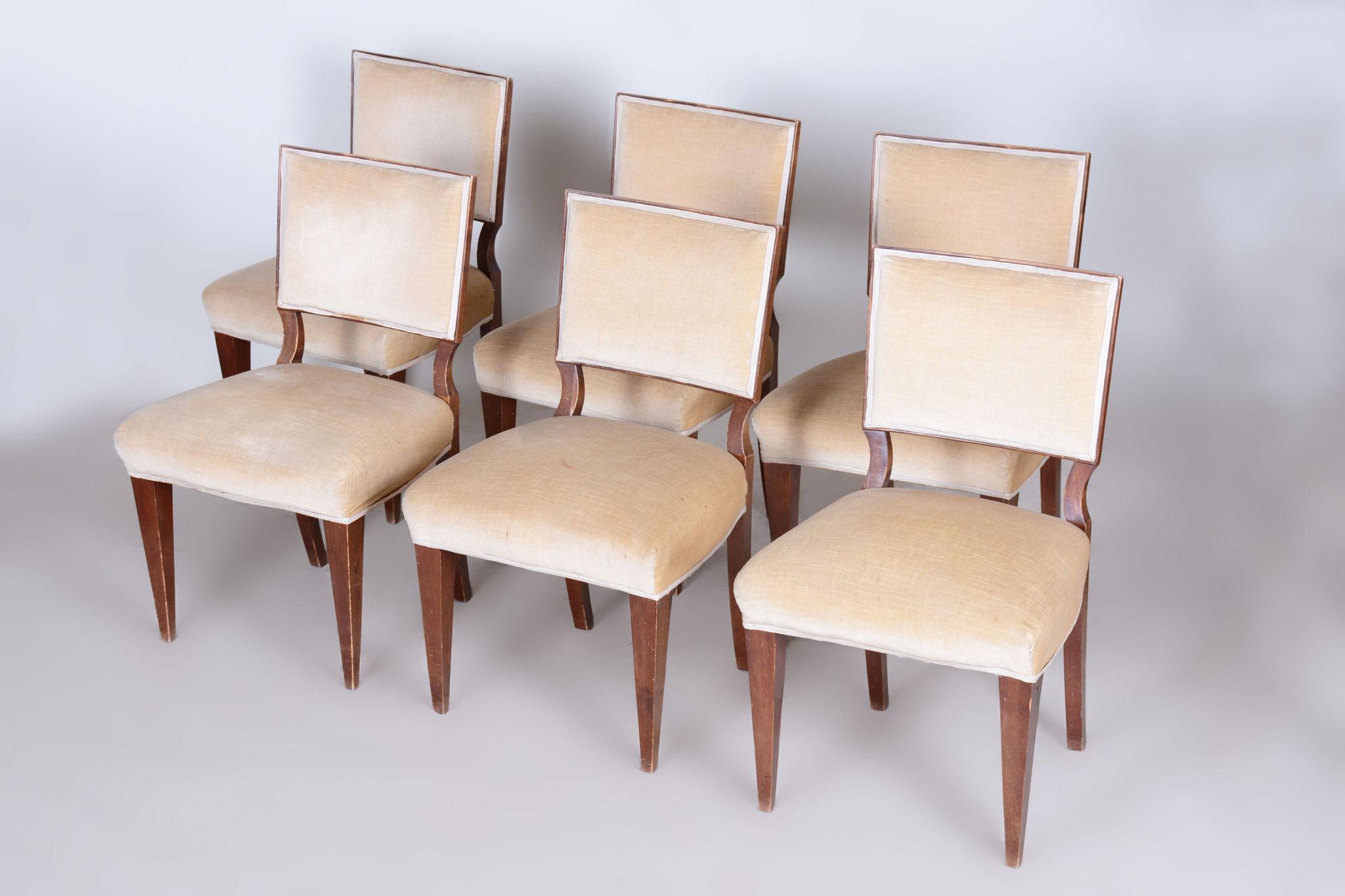 French Set of Six Original Art Deco Chairs, Solid Walnut, France, 1920s For Sale