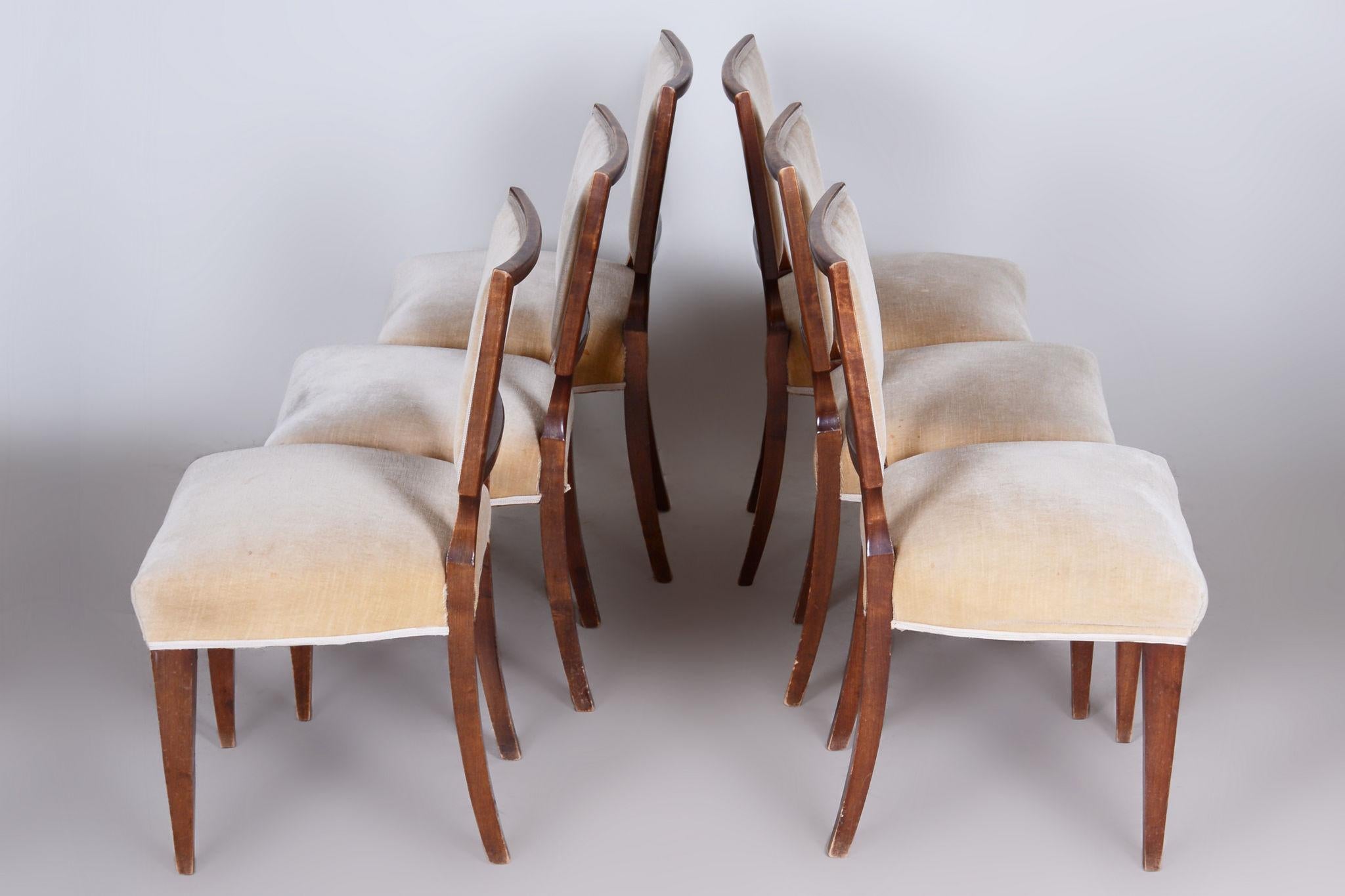 Early 20th Century Set of Six Original Art Deco Chairs, Solid Walnut, France, 1920s For Sale