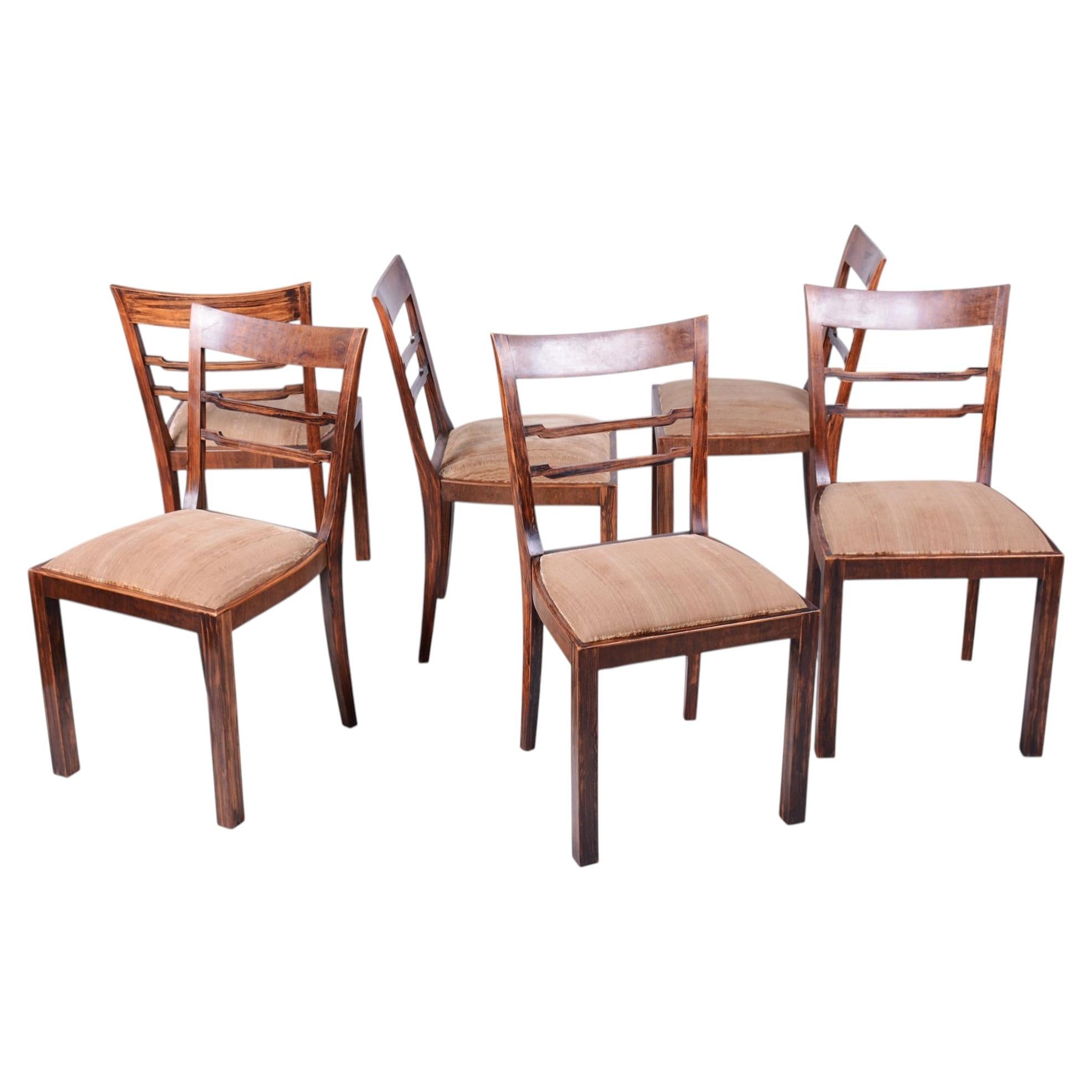 Set of Six Original Art Deco Chairs, Walnut, Revived Polish, Czech, 1920s For Sale