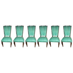Set of Six Original French 1940s Refinished Tall Back Dining Chairs