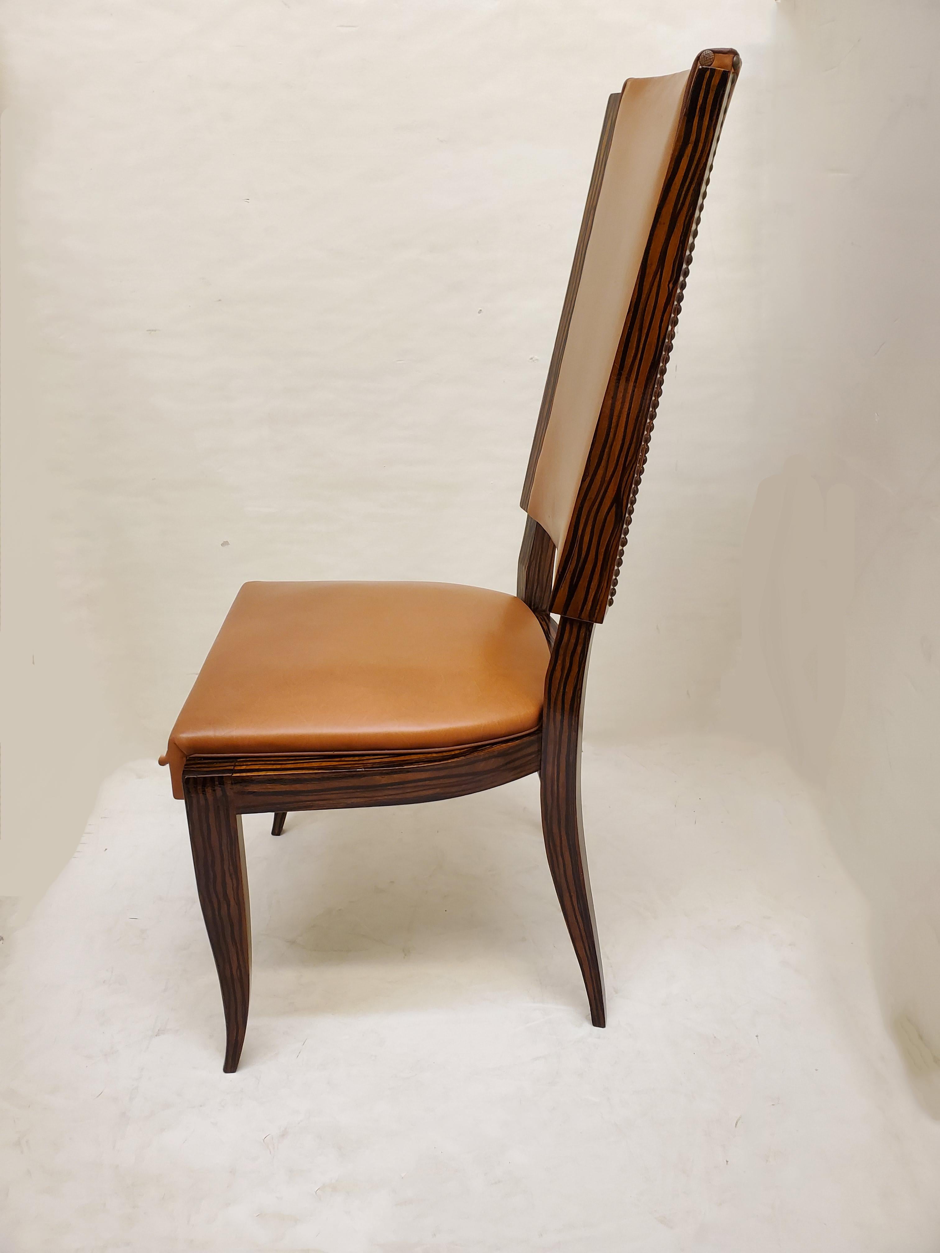 Set of Six Original French Art Deco Faux Macassar Ebony Wood Dining Chairs For Sale 4