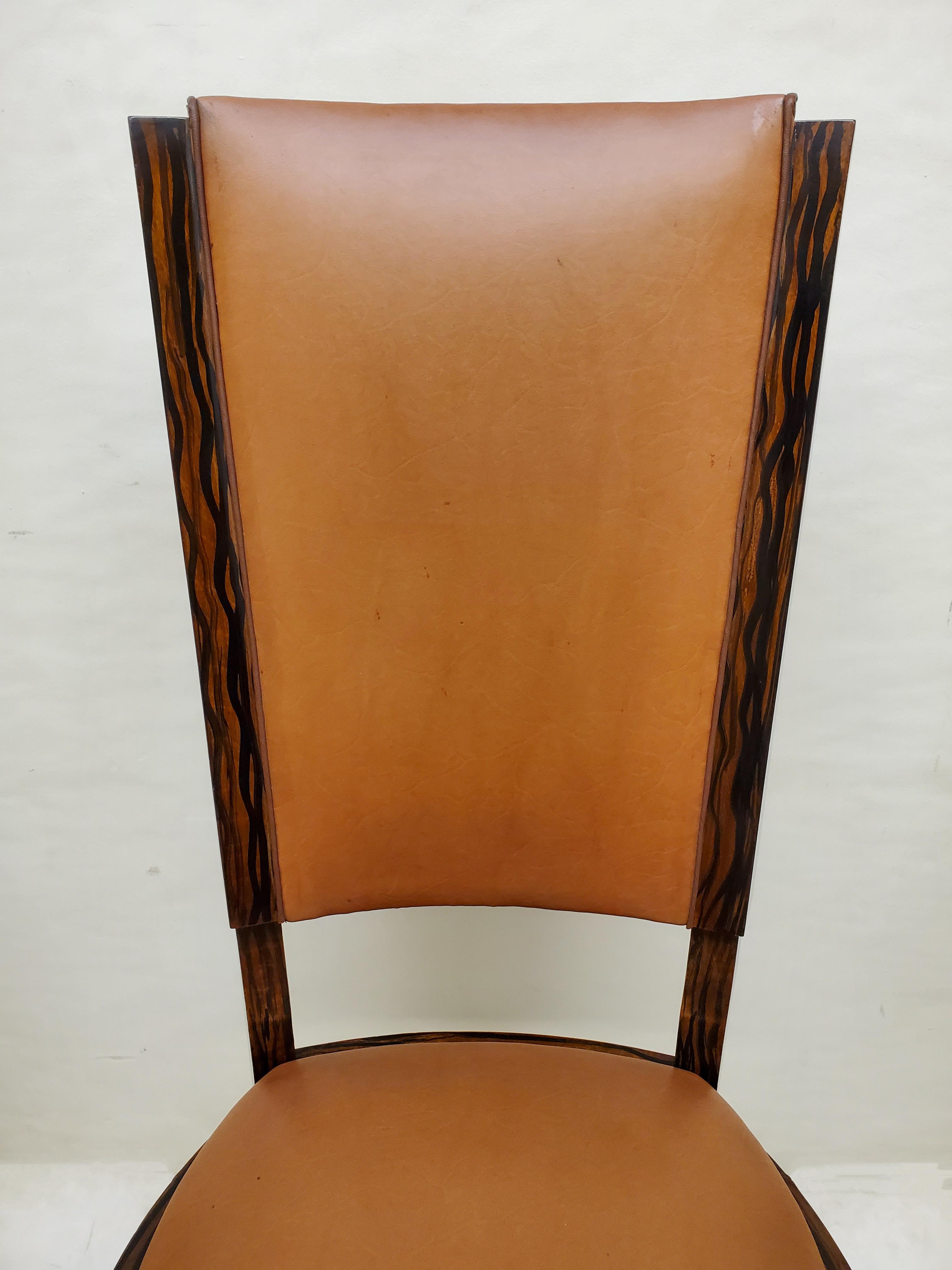 Set of Six Original French Art Deco Faux Macassar Ebony Wood Dining Chairs For Sale 6