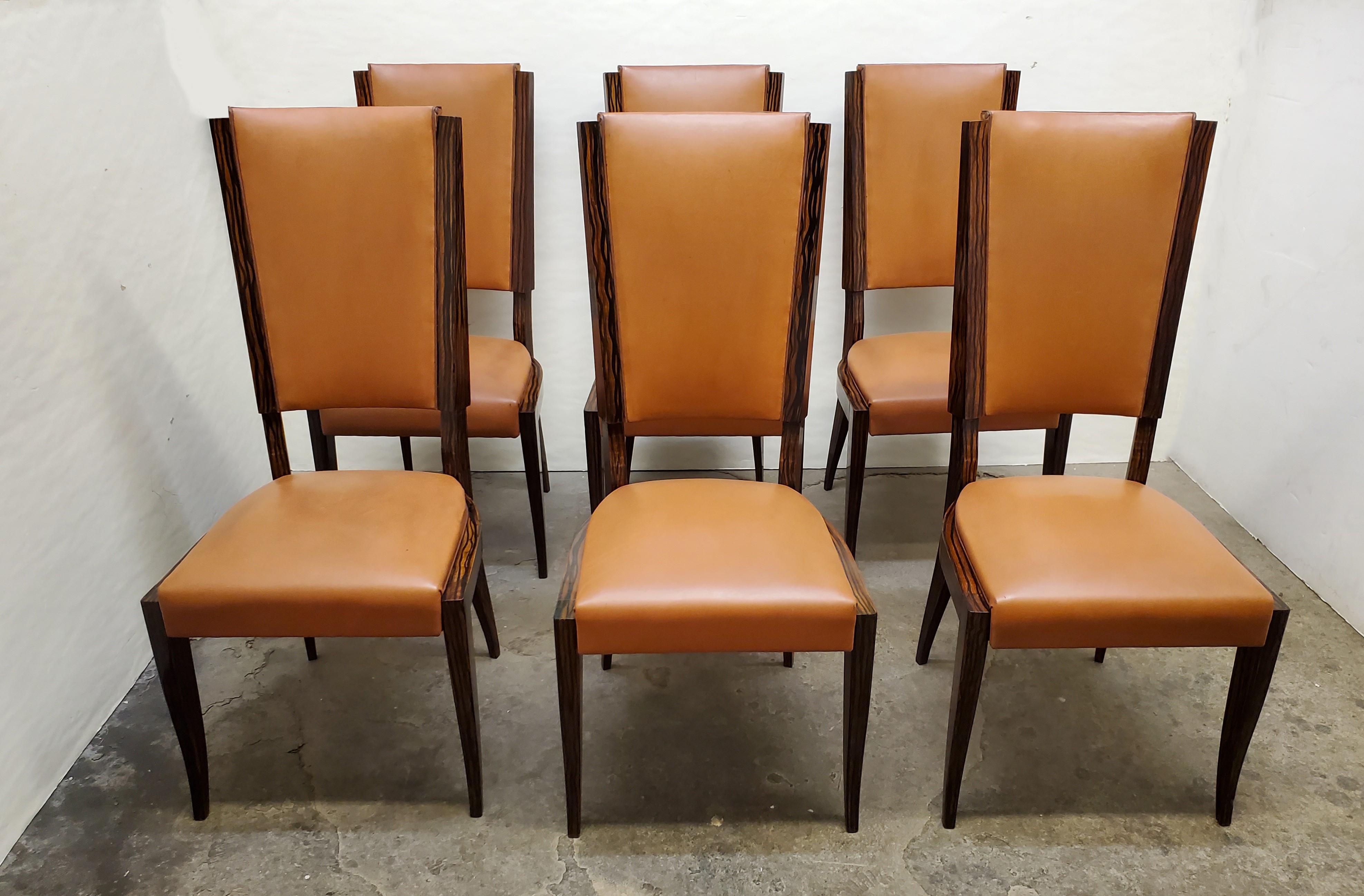 Set of Six Original French Art Deco Faux Macassar Ebony Wood Dining Chairs For Sale 13