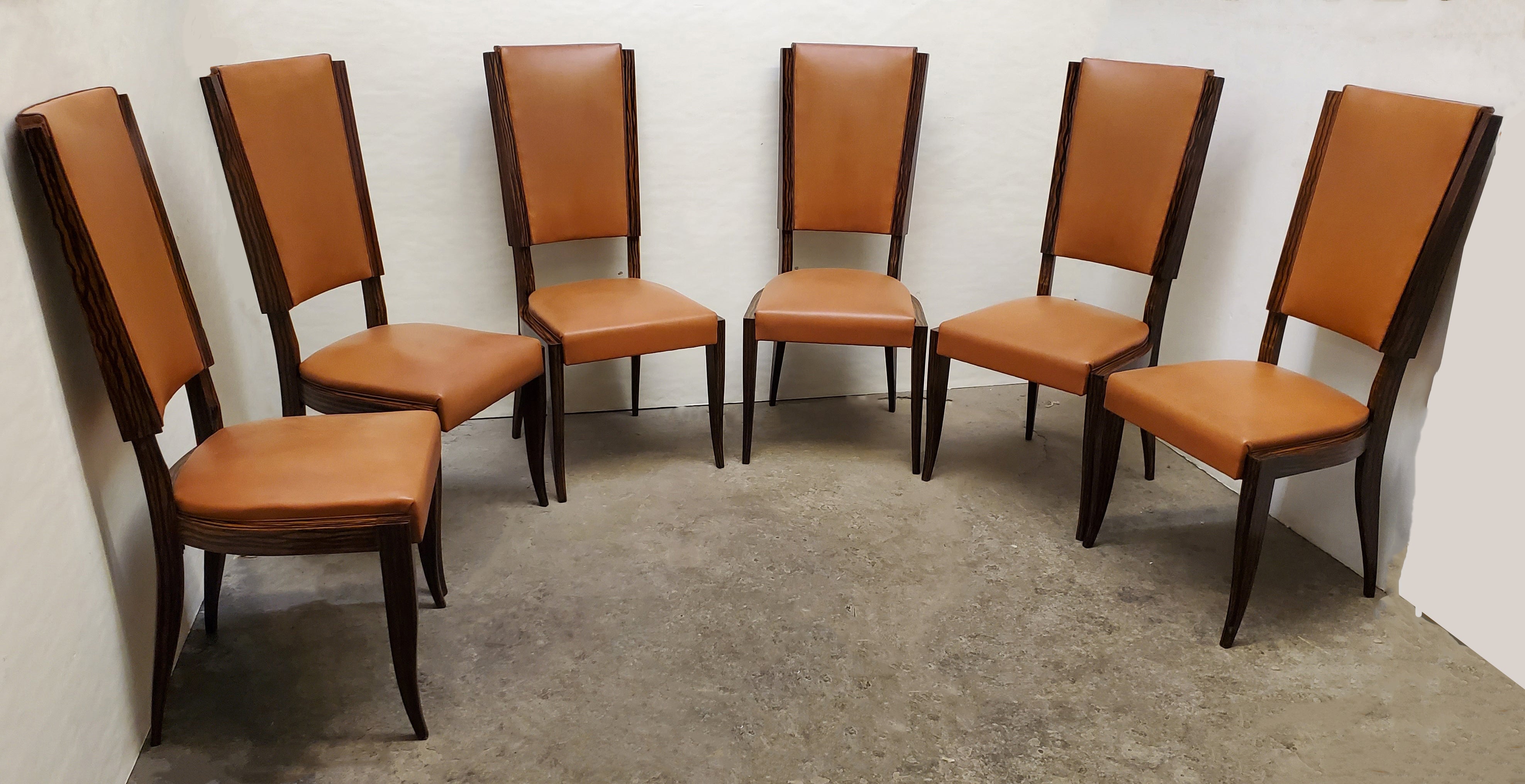 Set of Six Original French Art Deco Faux Macassar Ebony Wood Dining Chairs For Sale 14