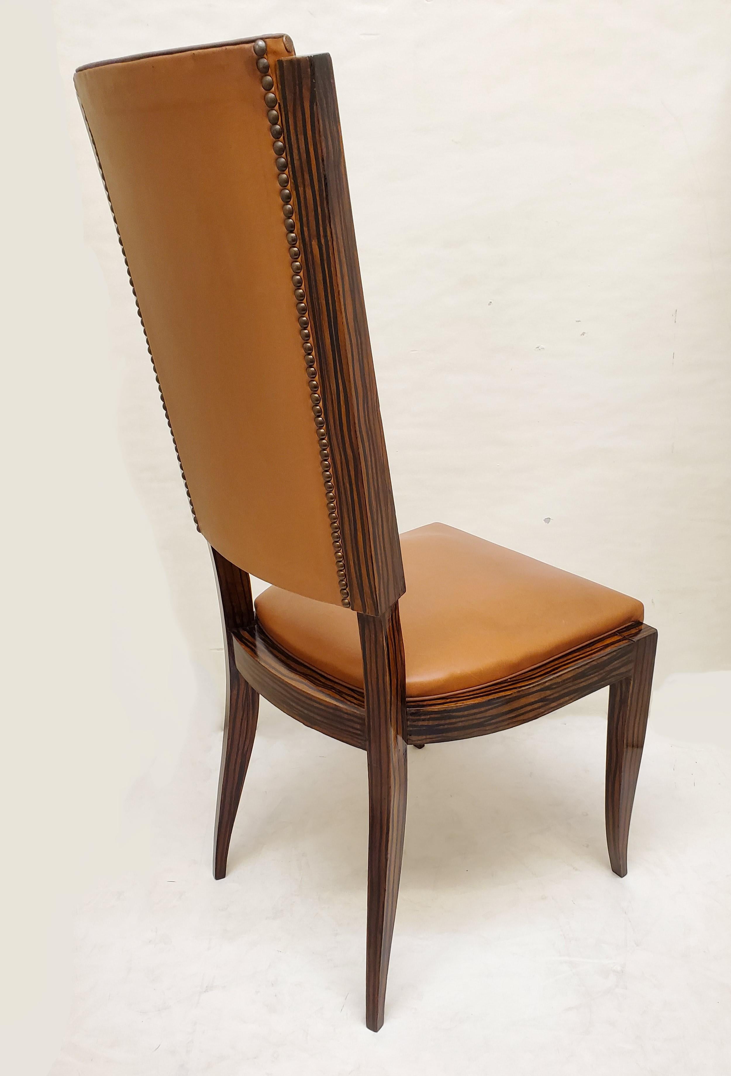 Set of Six Original French Art Deco Faux Macassar Ebony Wood Dining Chairs In Good Condition For Sale In New York City, NY