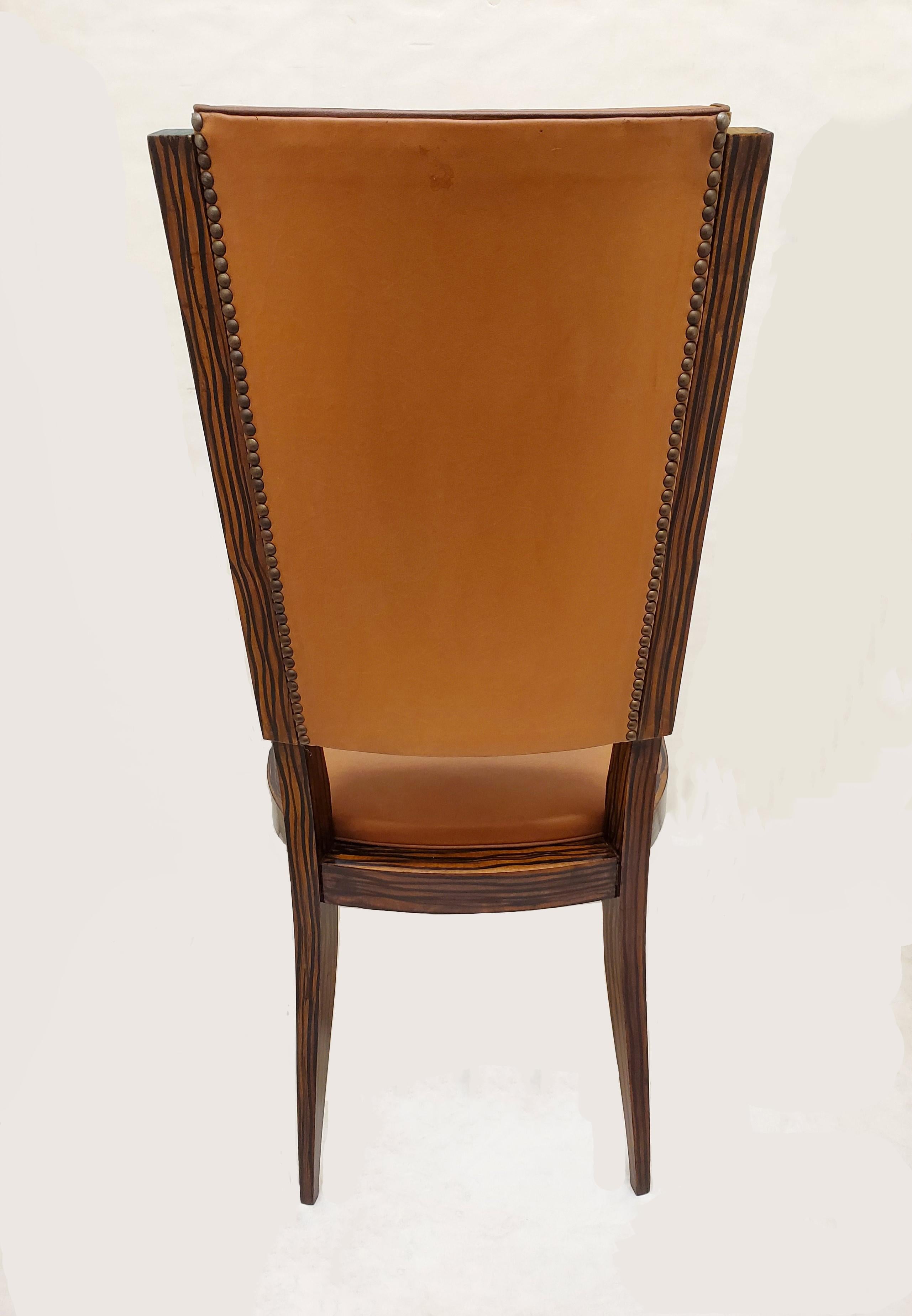 Set of Six Original French Art Deco Faux Macassar Ebony Wood Dining Chairs For Sale 1
