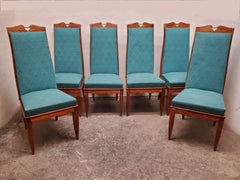 Set of Six Original French Midcentury Tall Back Dining Chairs W/ Nickel Mounts