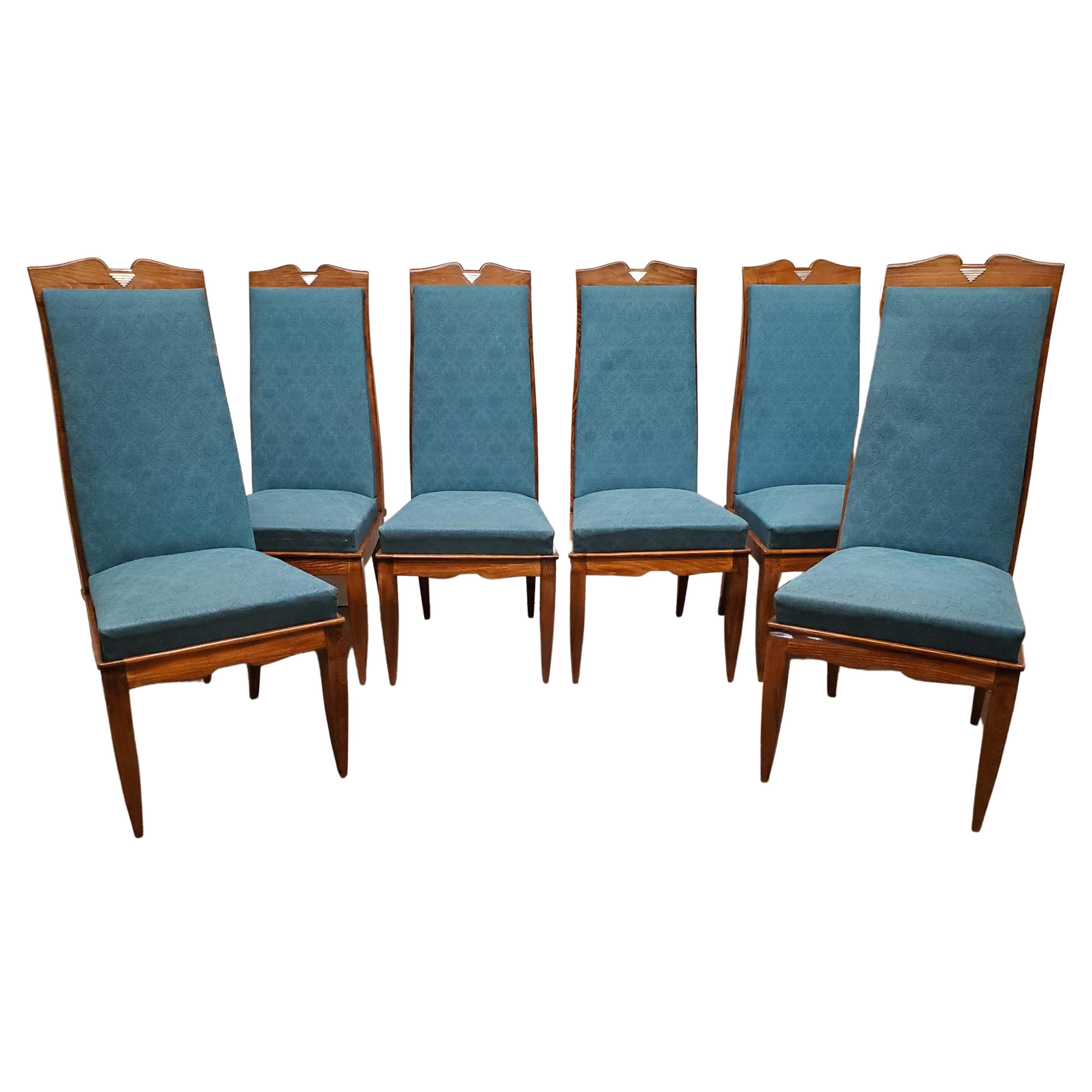 Set of Six Original French Midcentury Tall Back Dining Chairs W/ Nickel Mounts  For Sale 14
