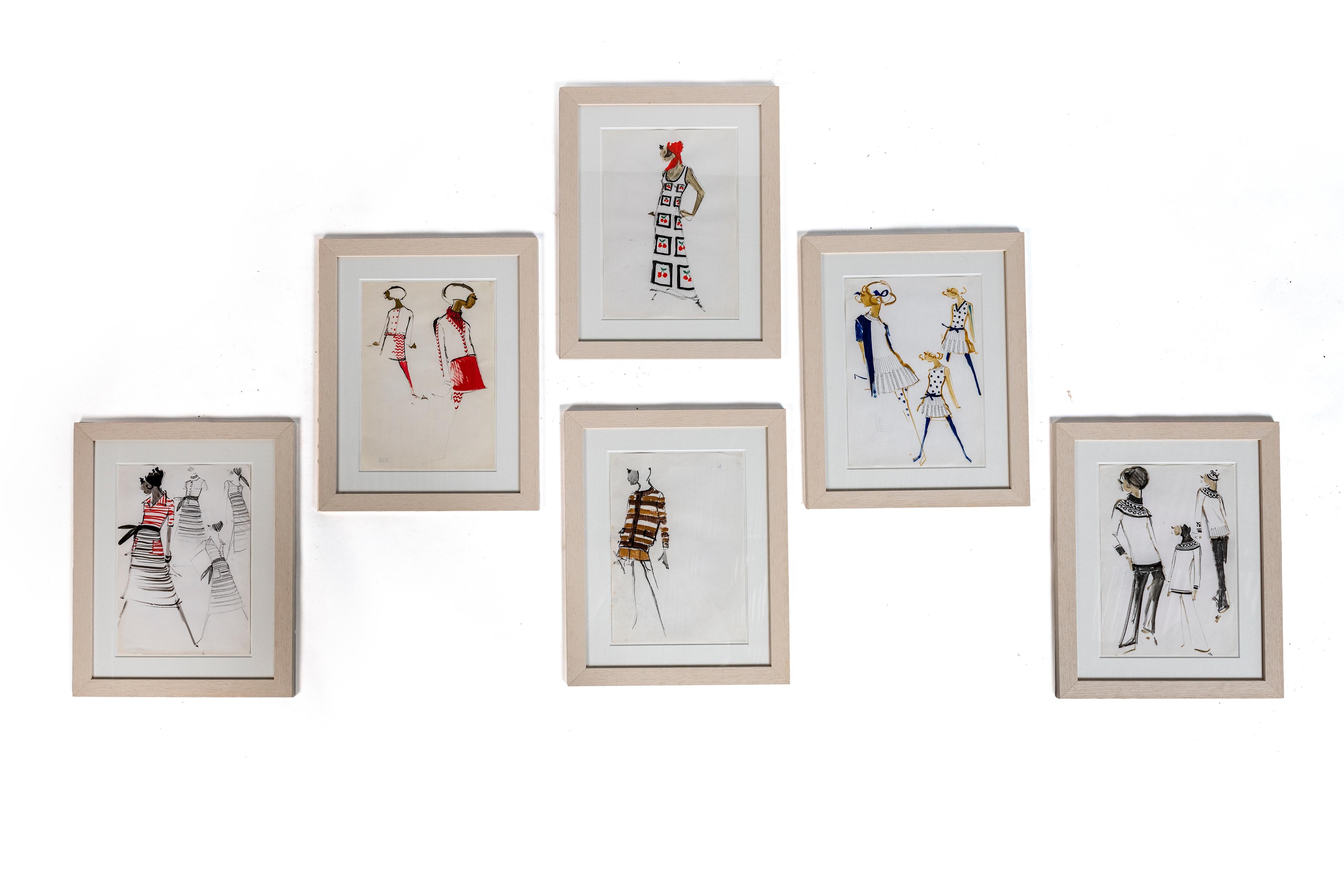 Set of Six Original Maison Balmain Gouaches from the 1970-1980 Collection For Sale 14