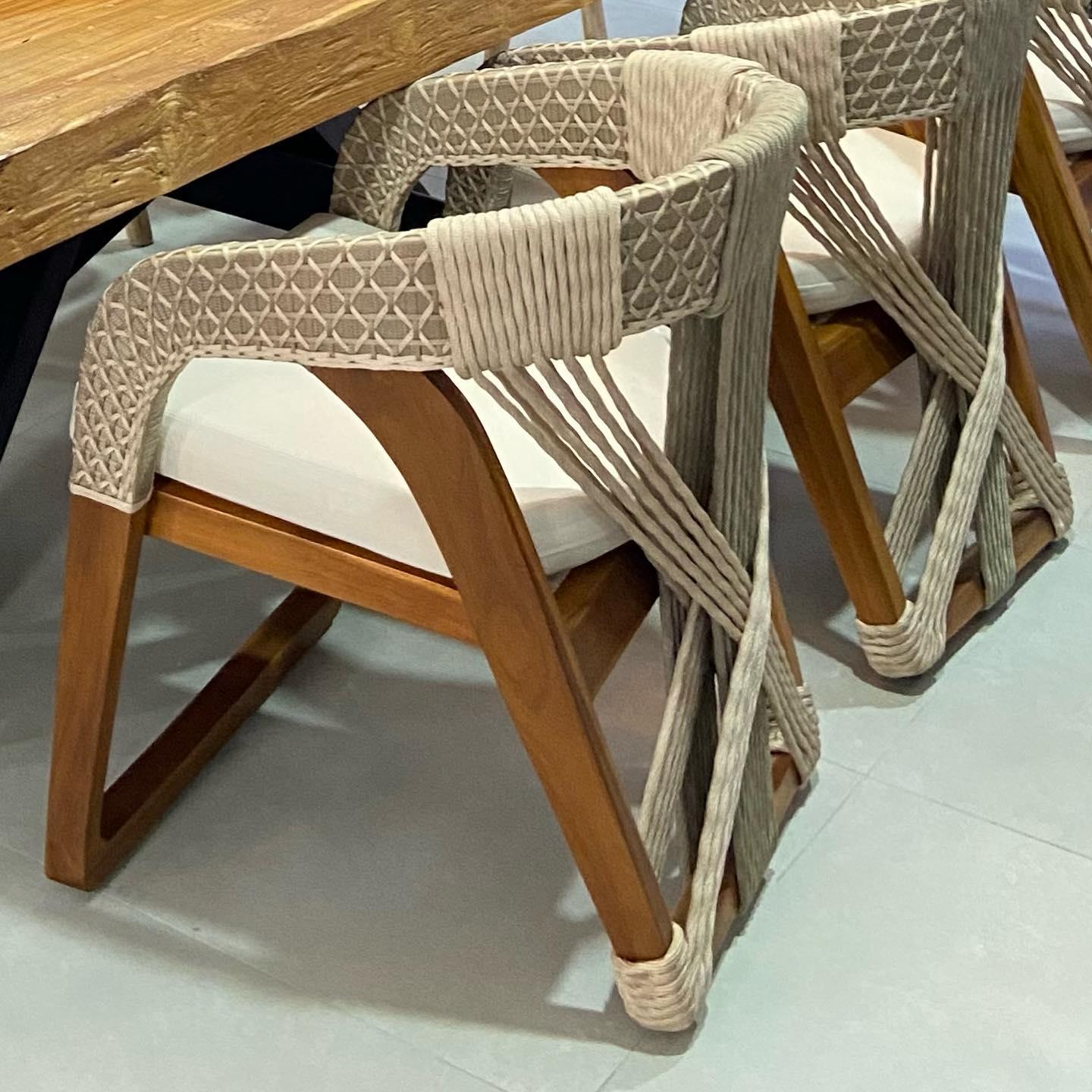 Fabric Set of Six Outdoor Dining Chairs In Rustic Grey Teak For Sale