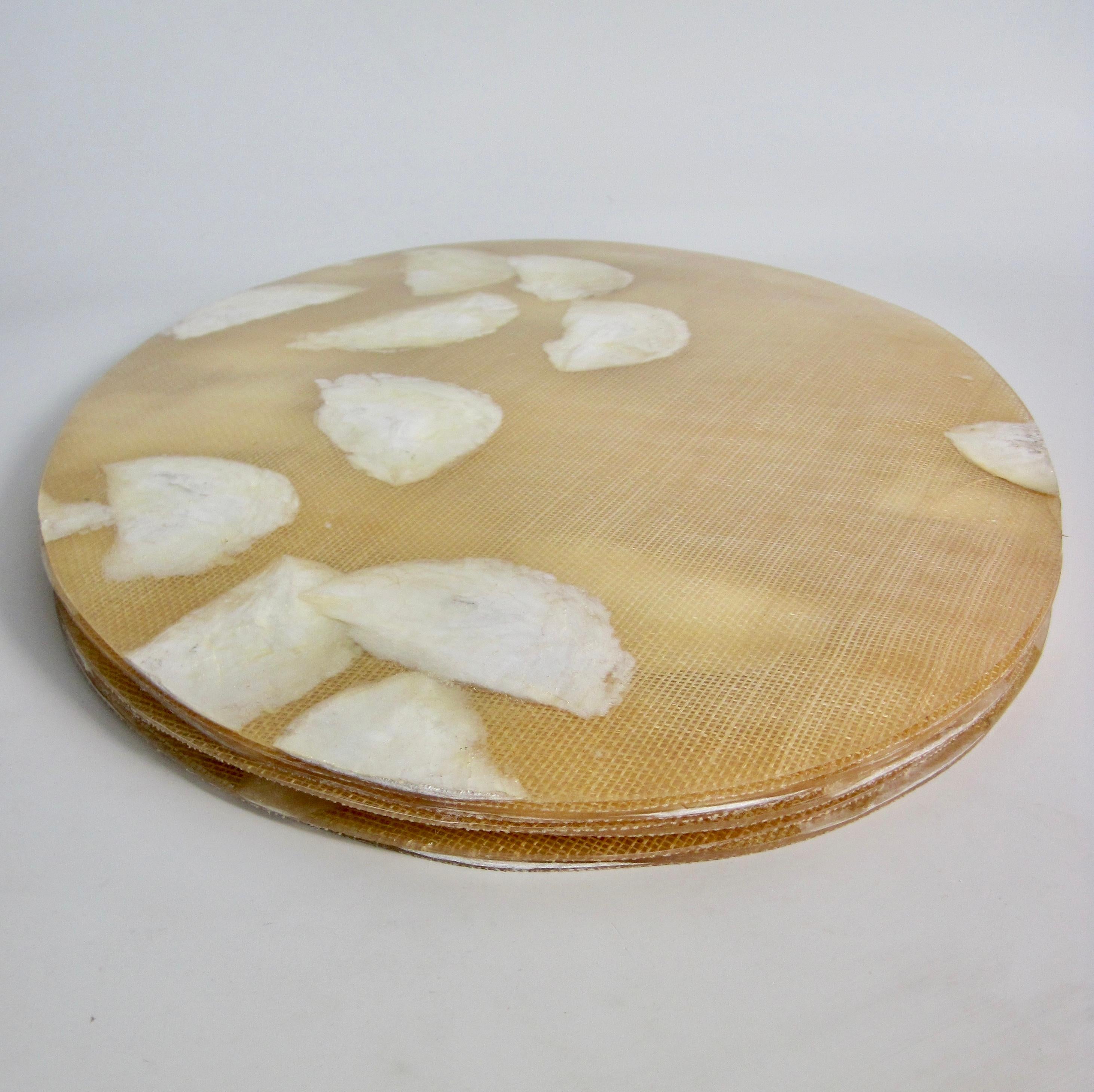 Set of Six Oval Capiz Shell and Burlap Resin Placemats For Sale 2