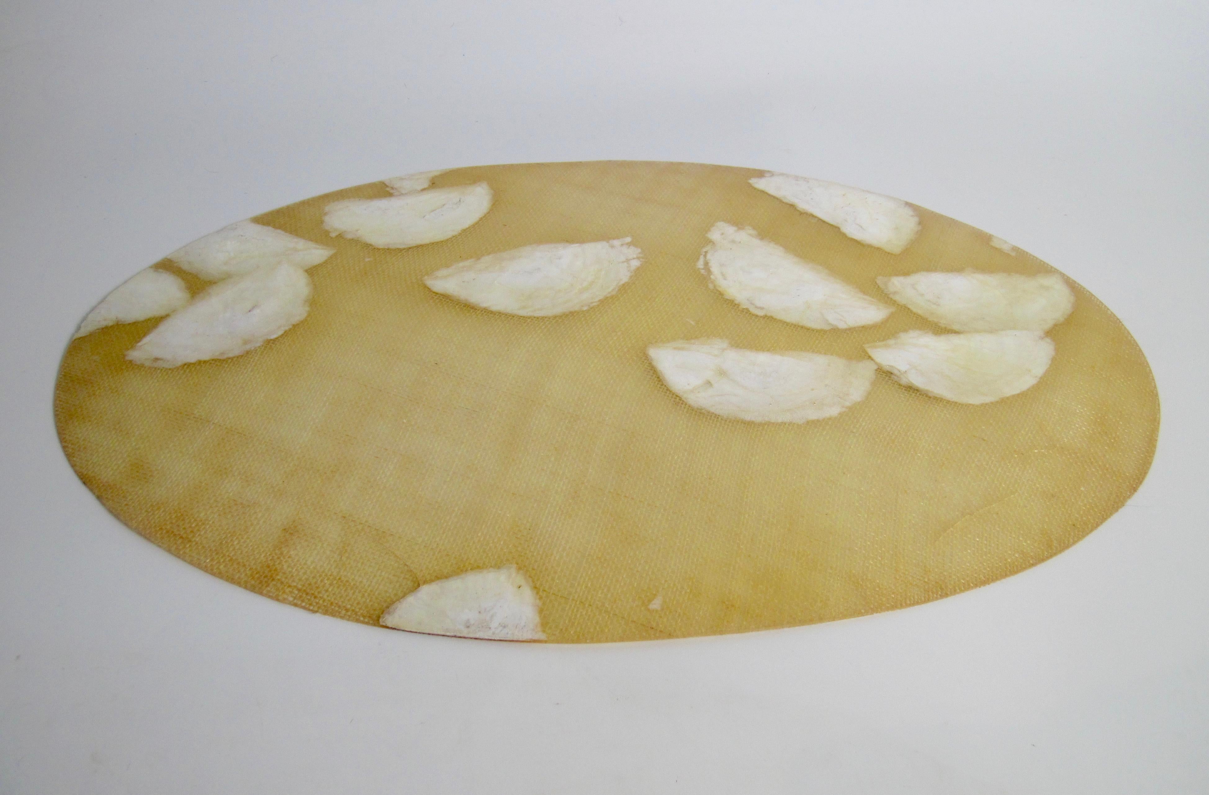 Philippine Set of Six Oval Capiz Shell and Burlap Resin Placemats For Sale