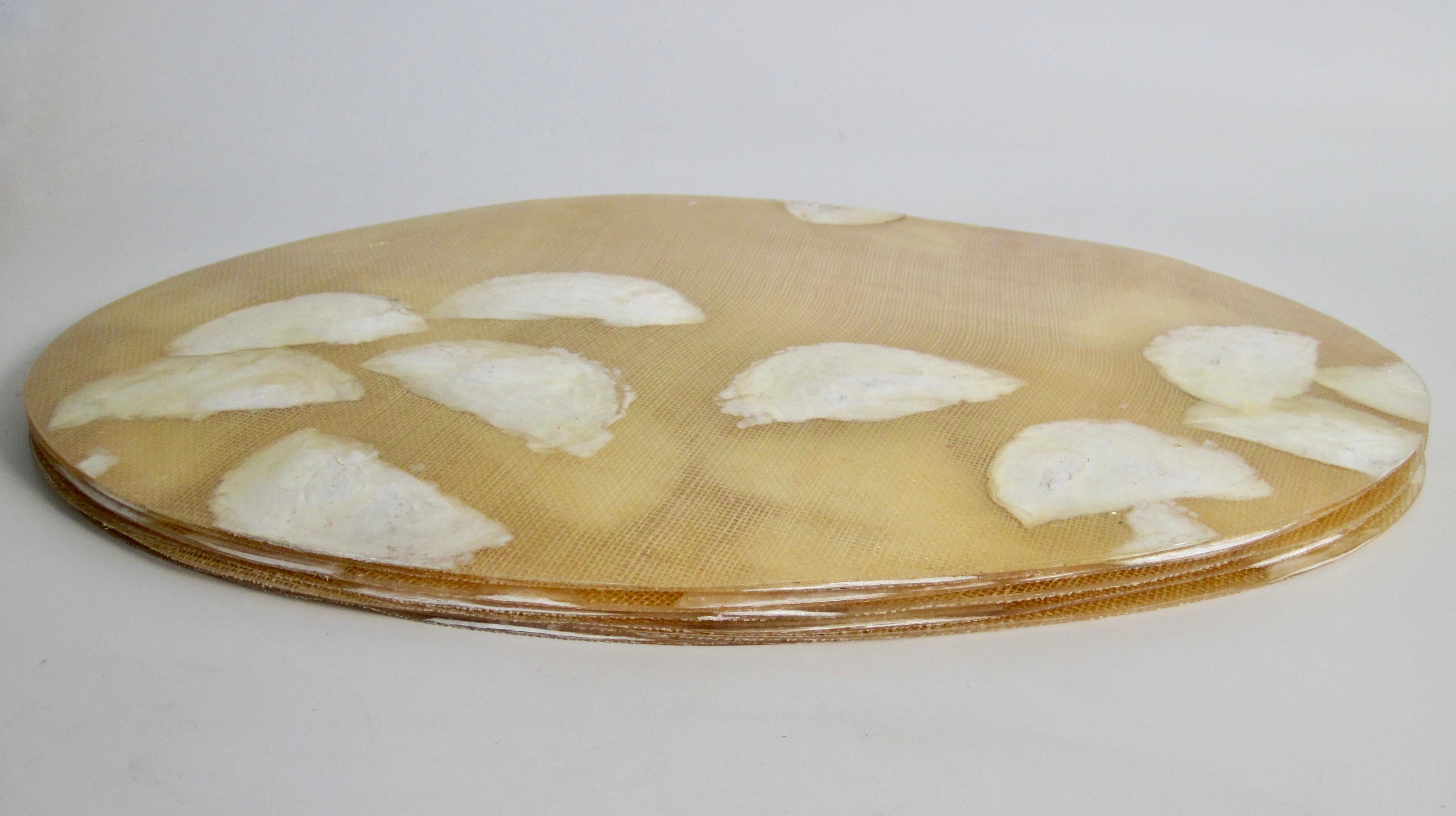 Late 20th Century Set of Six Oval Capiz Shell and Burlap Resin Placemats For Sale