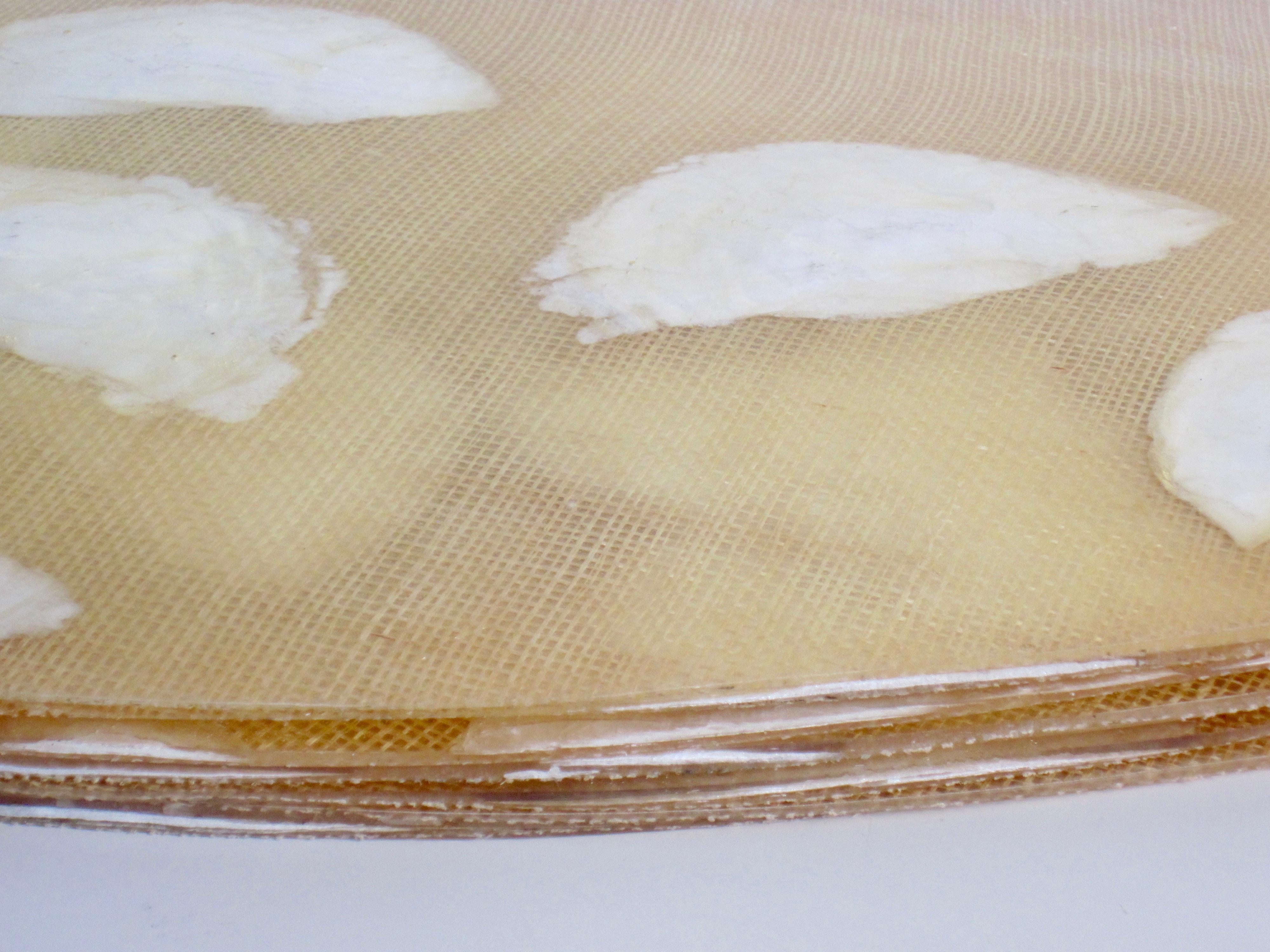 Set of Six Oval Capiz Shell and Burlap Resin Placemats For Sale 1