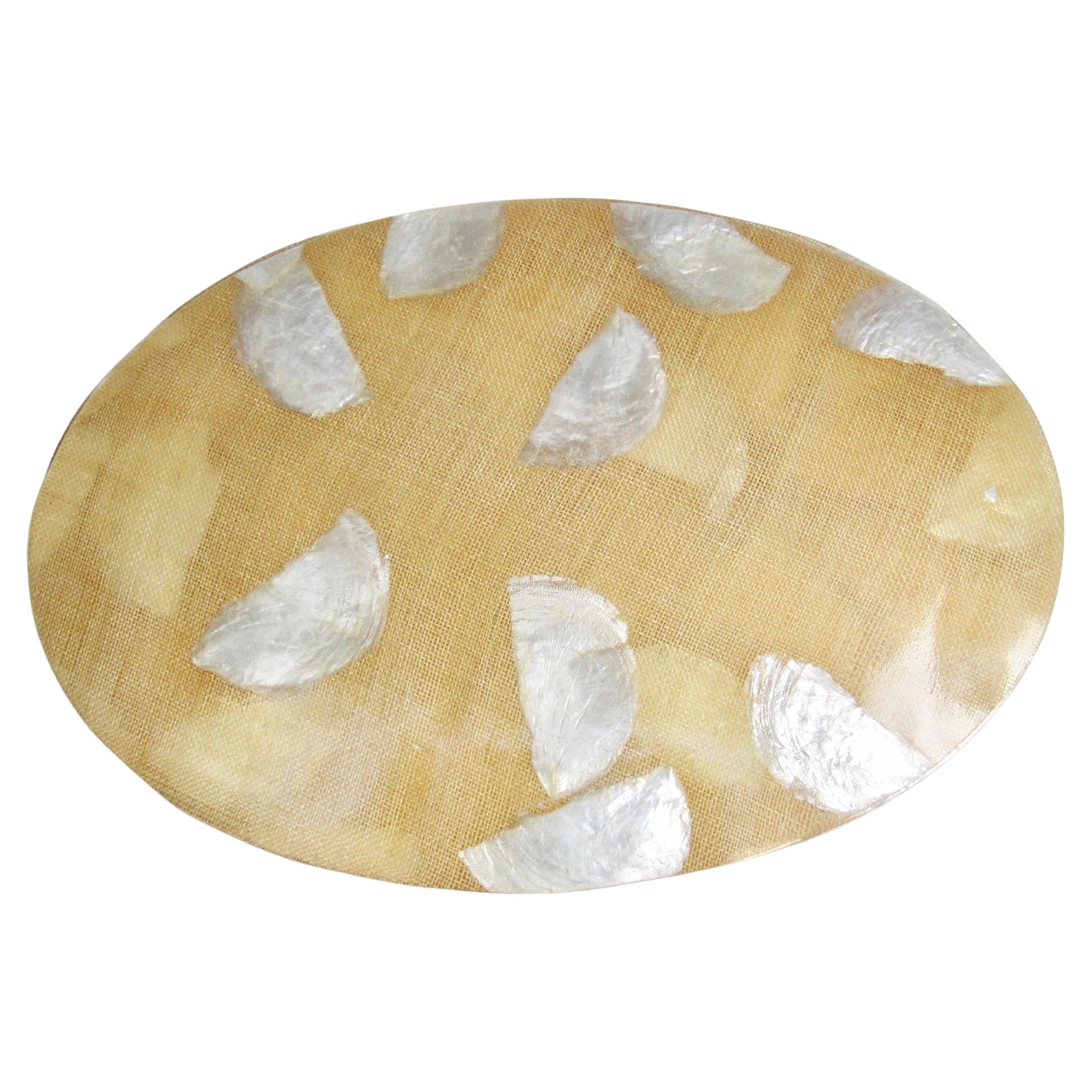 Set of Six Oval Capiz Shell and Burlap Resin Placemats For Sale
