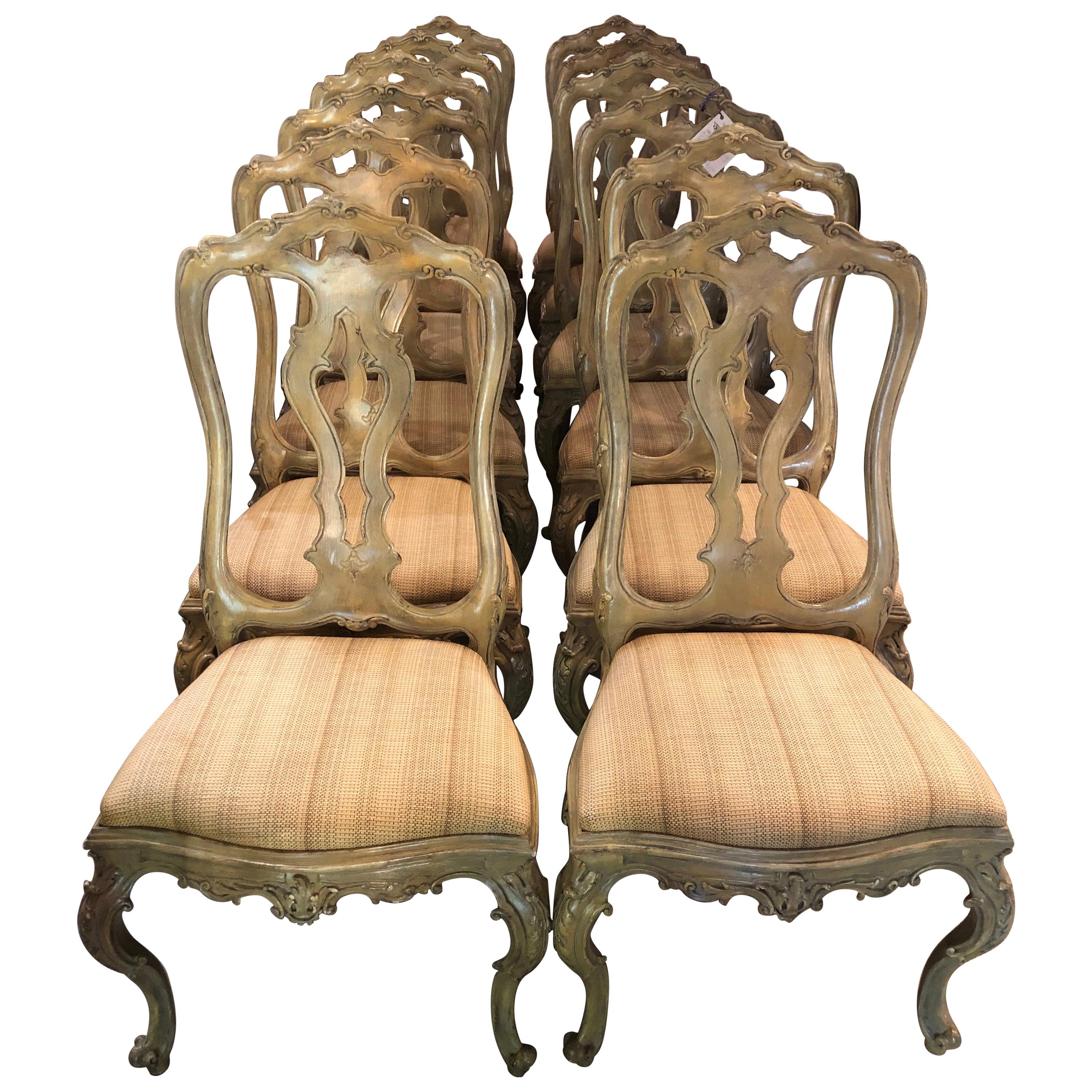 Set of Six Paint Decorated Italian Rococo Dining Room Chairs