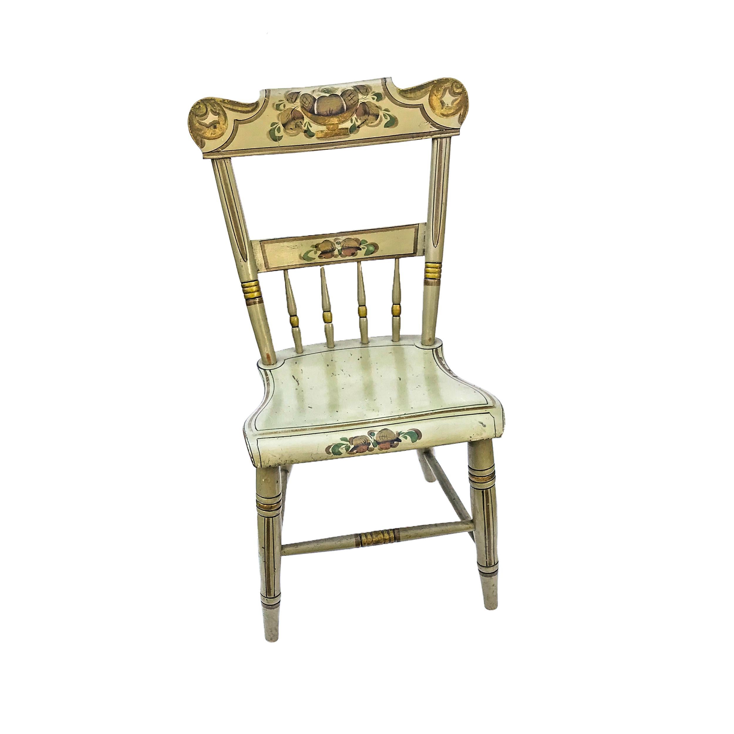 Rustic Set of Six Paint Decorated Plank Seat Chairs, circa 1860