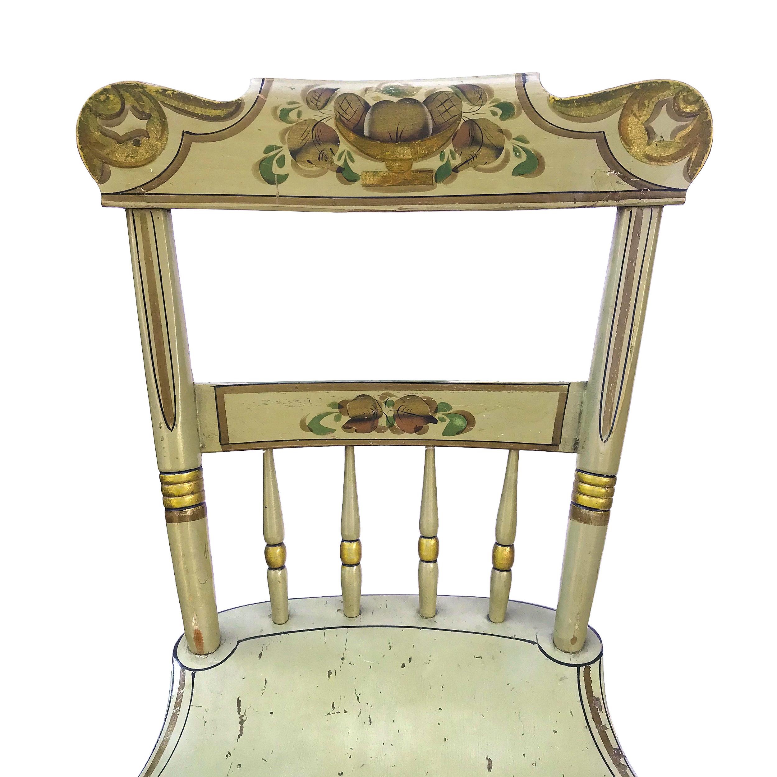 North American Set of Six Paint Decorated Plank Seat Chairs, circa 1860