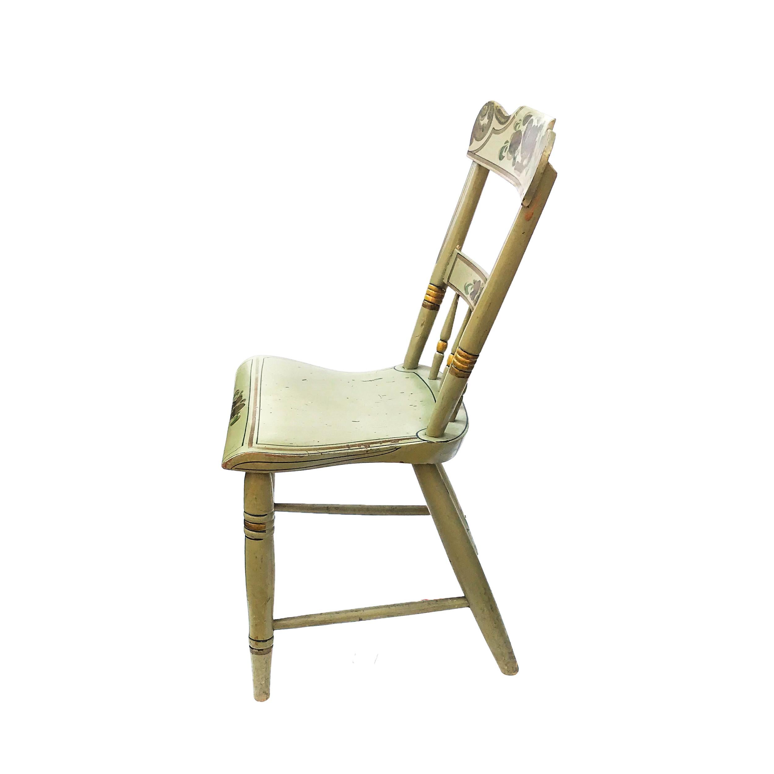 Polychromed Set of Six Paint Decorated Plank Seat Chairs, circa 1860