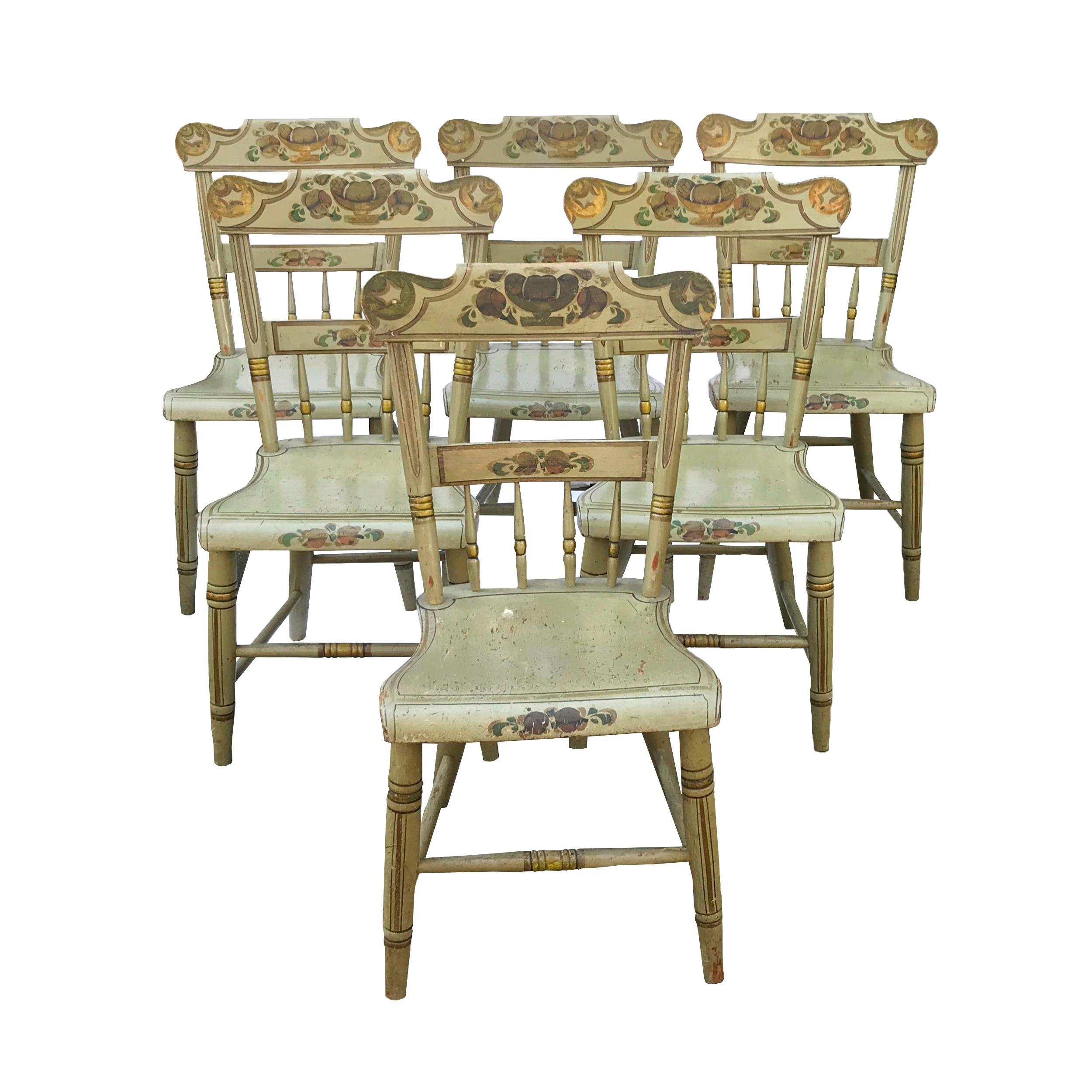 Set of Six Paint Decorated Plank Seat Chairs, circa 1860