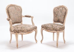 Set of six painted and giltwood French upholstered dining chairs, Louis XV Style