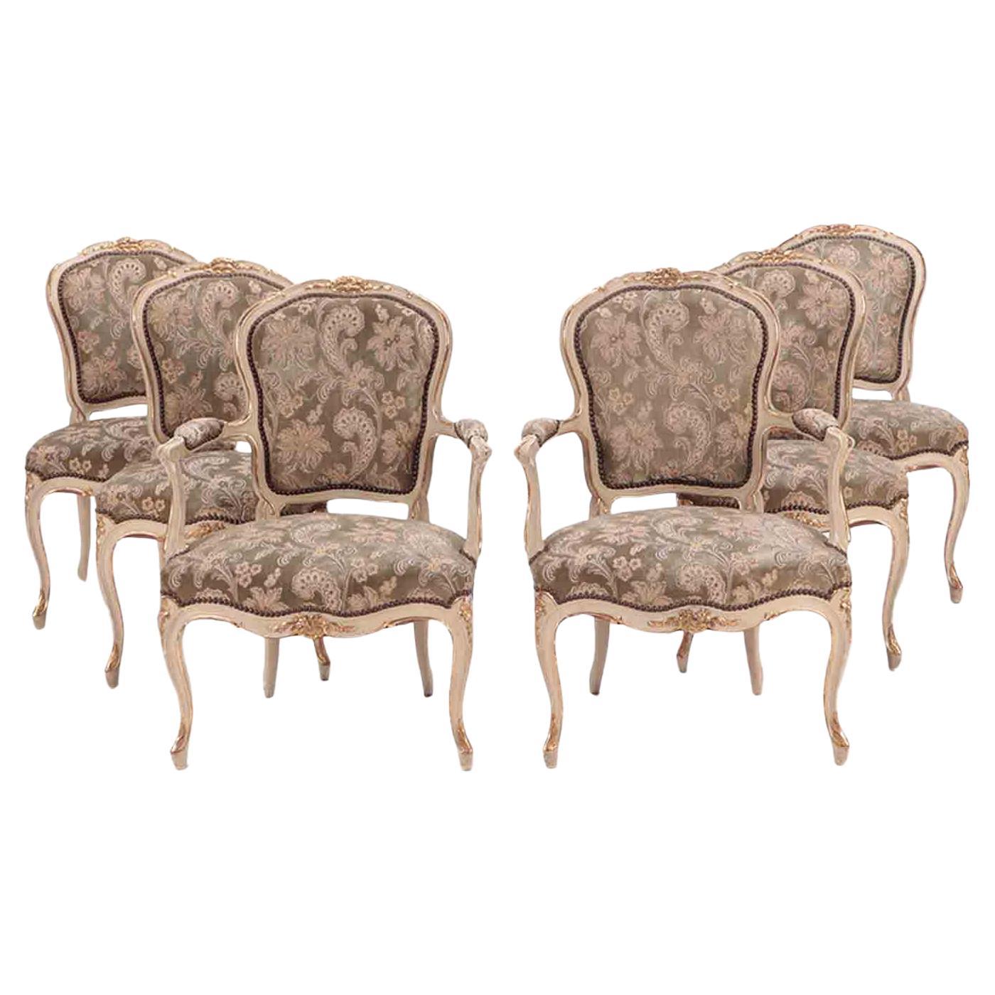 Set of six painted and giltwood French upholstered dining chairs, Louis XV Style For Sale