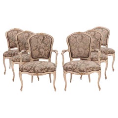 Antique Set of six painted and giltwood French upholstered dining chairs, Louis XV Style