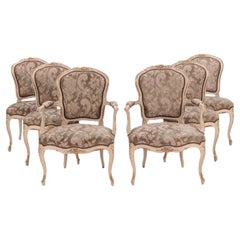 Set of six painted and giltwood French upholstered dining chairs, Louis XV Style