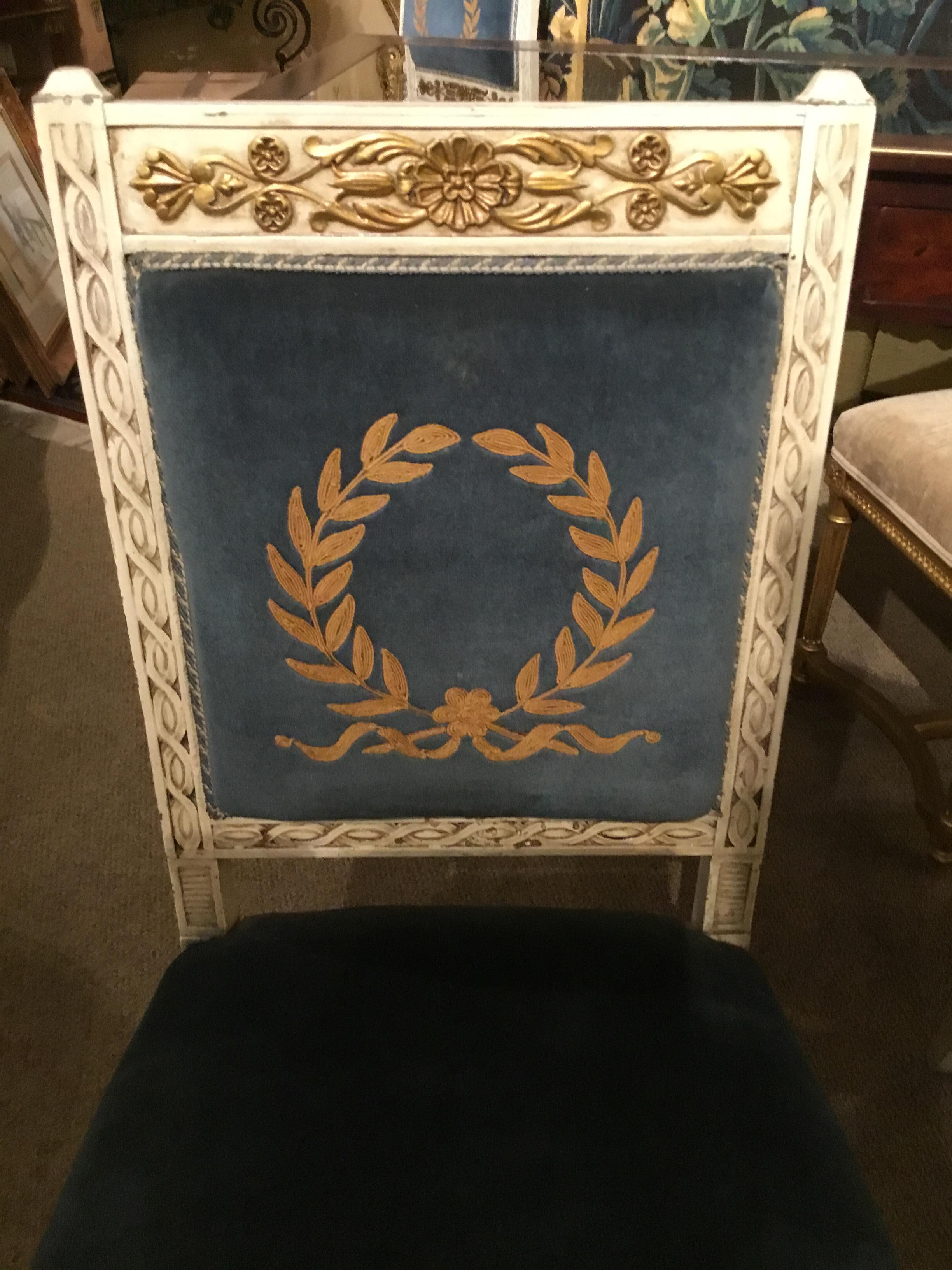 Hand-Painted Set of Six Painted Antique Empire Style Dining Chairs with Gilt Embellishments