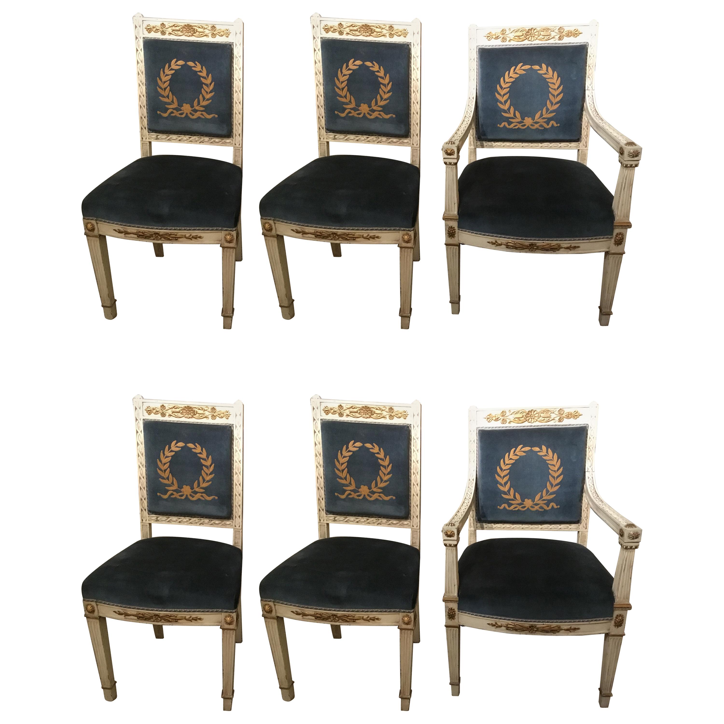 Set of Six Painted Antique Empire Style Dining Chairs with Gilt Embellishments