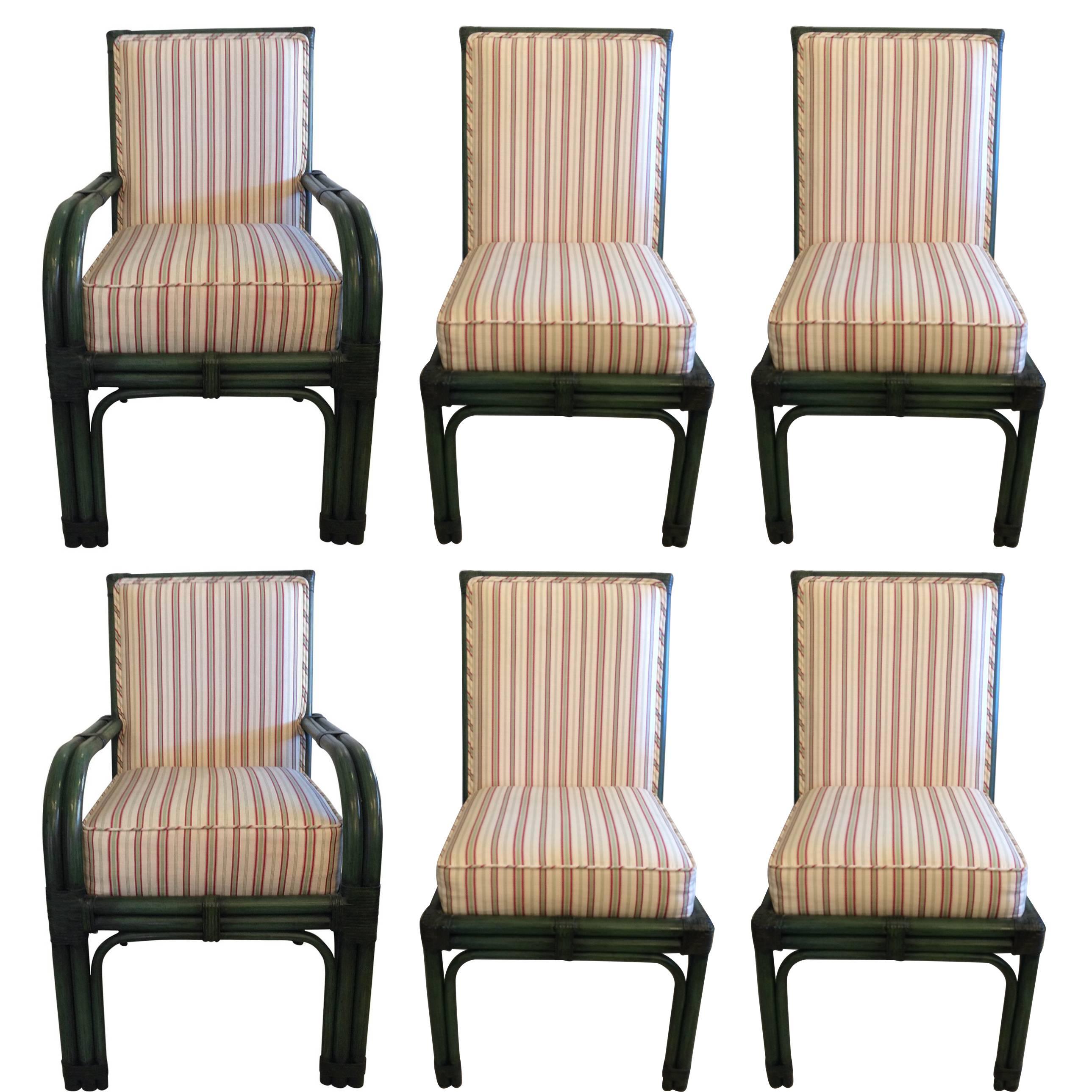 Set of Six Painted Green Bamboo Dining Chairs with Comfy Striped Upholstery