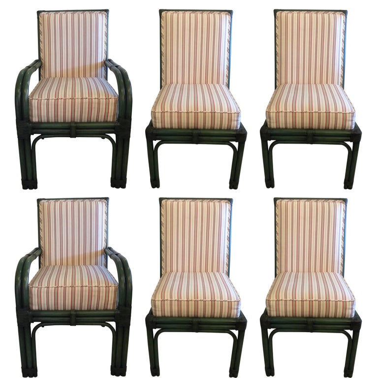 Set of Six Painted Green Bamboo Dining Chairs with Comfy Striped