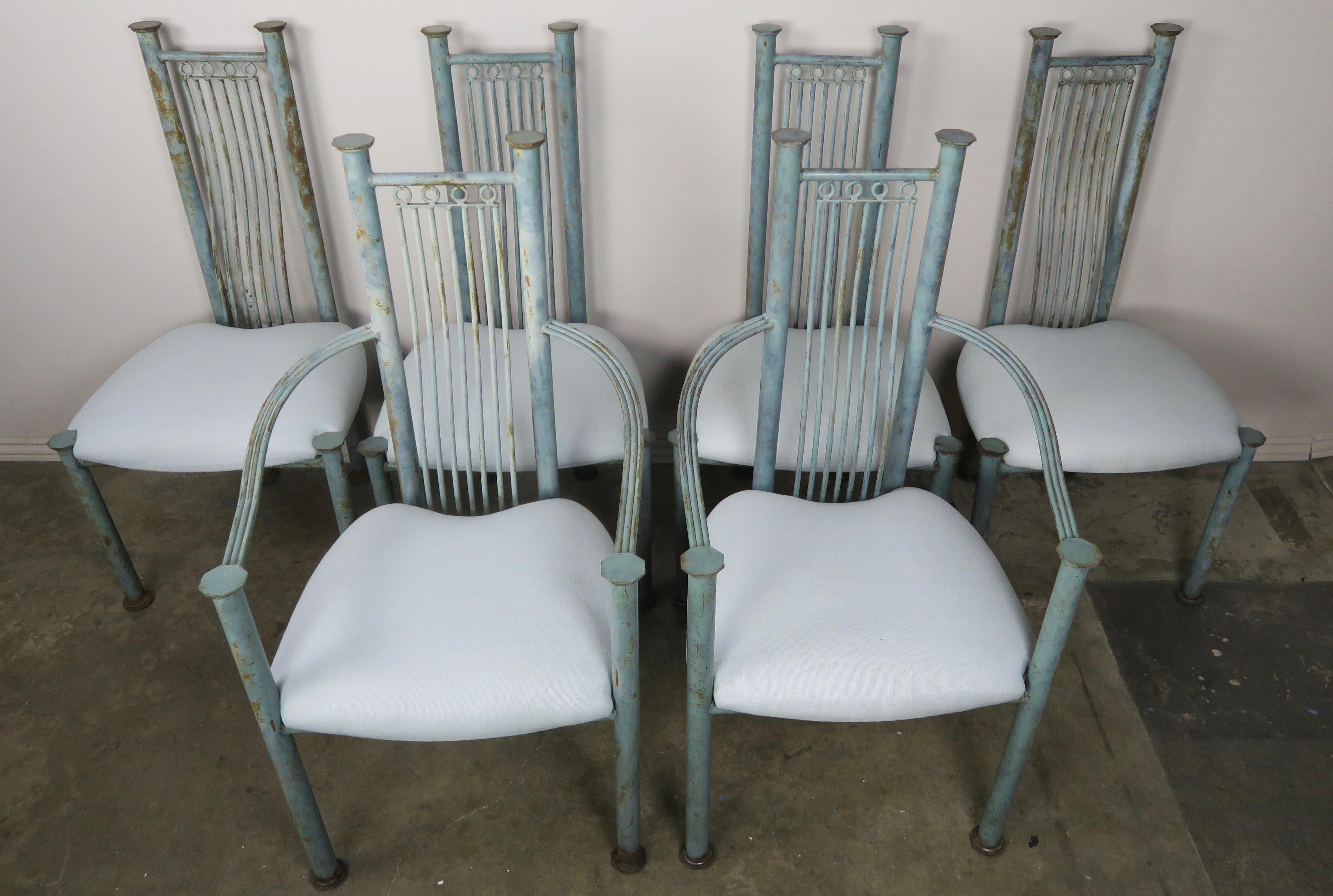 Mid-Century Modern Set of Six Painted Iron Dining Chairs with Linen Seats