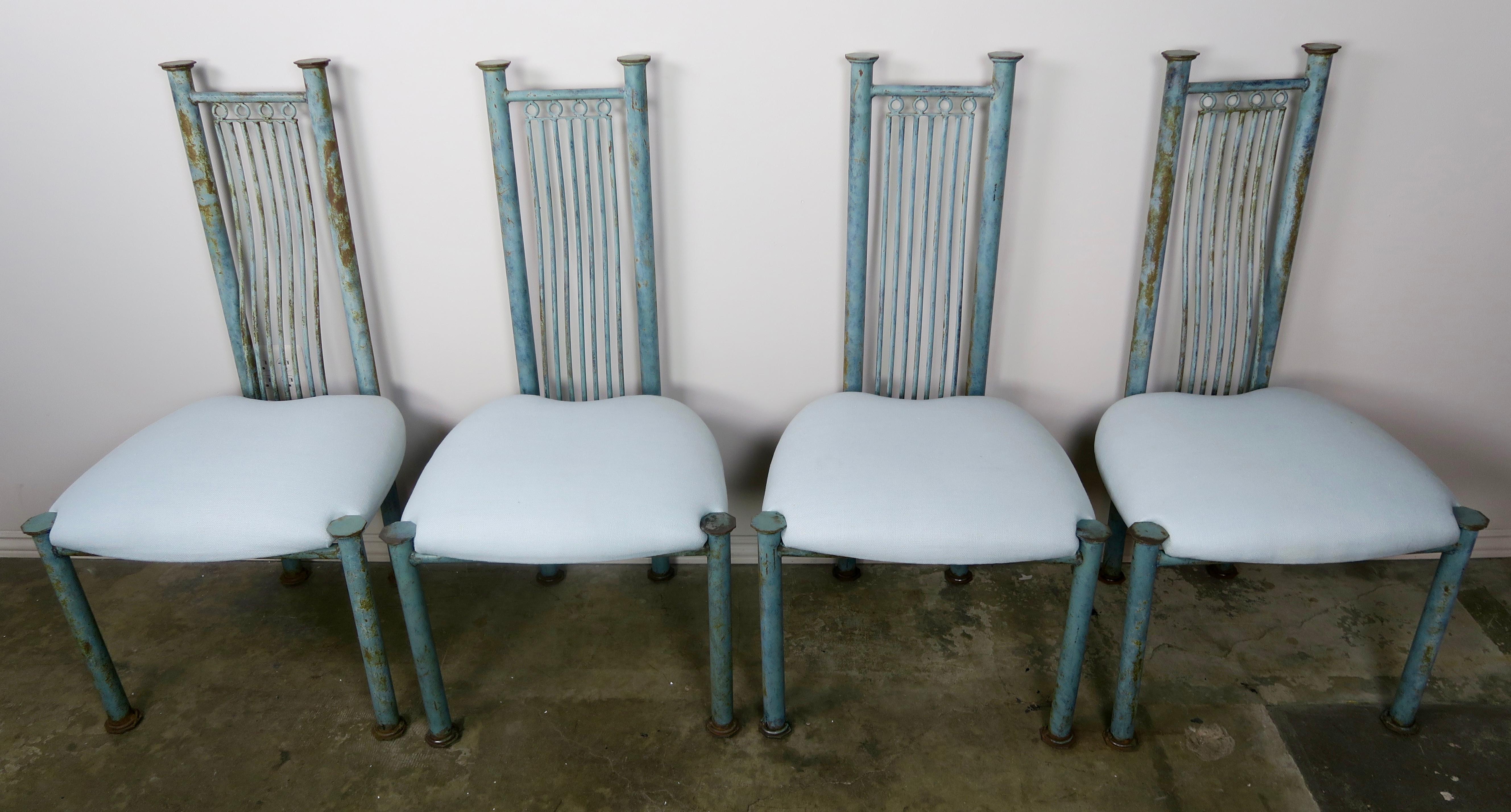 Italian Set of Six Painted Iron Dining Chairs with Linen Seats