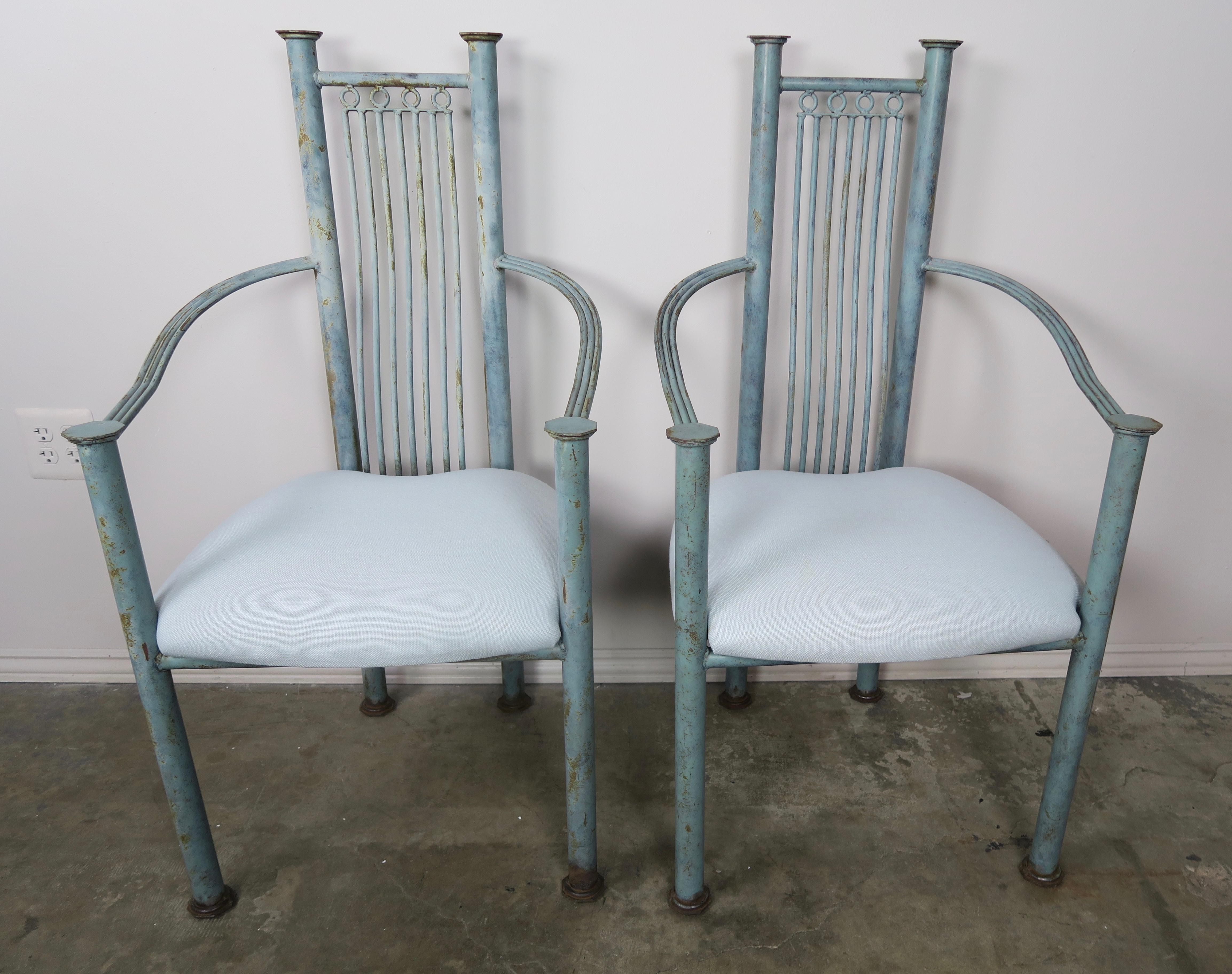 Set of Six Painted Iron Dining Chairs with Linen Seats In Distressed Condition In Los Angeles, CA