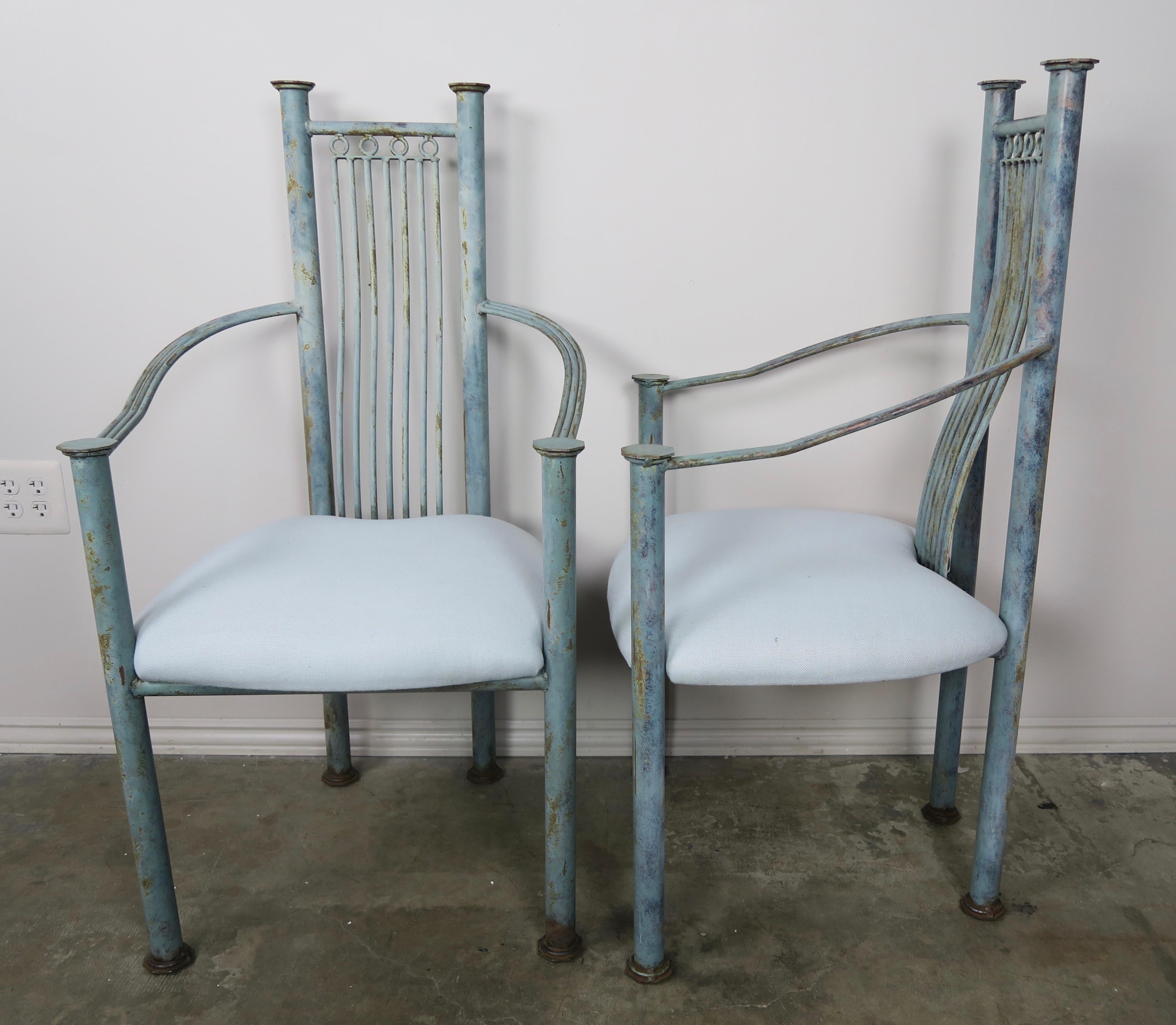 20th Century Set of Six Painted Iron Dining Chairs with Linen Seats