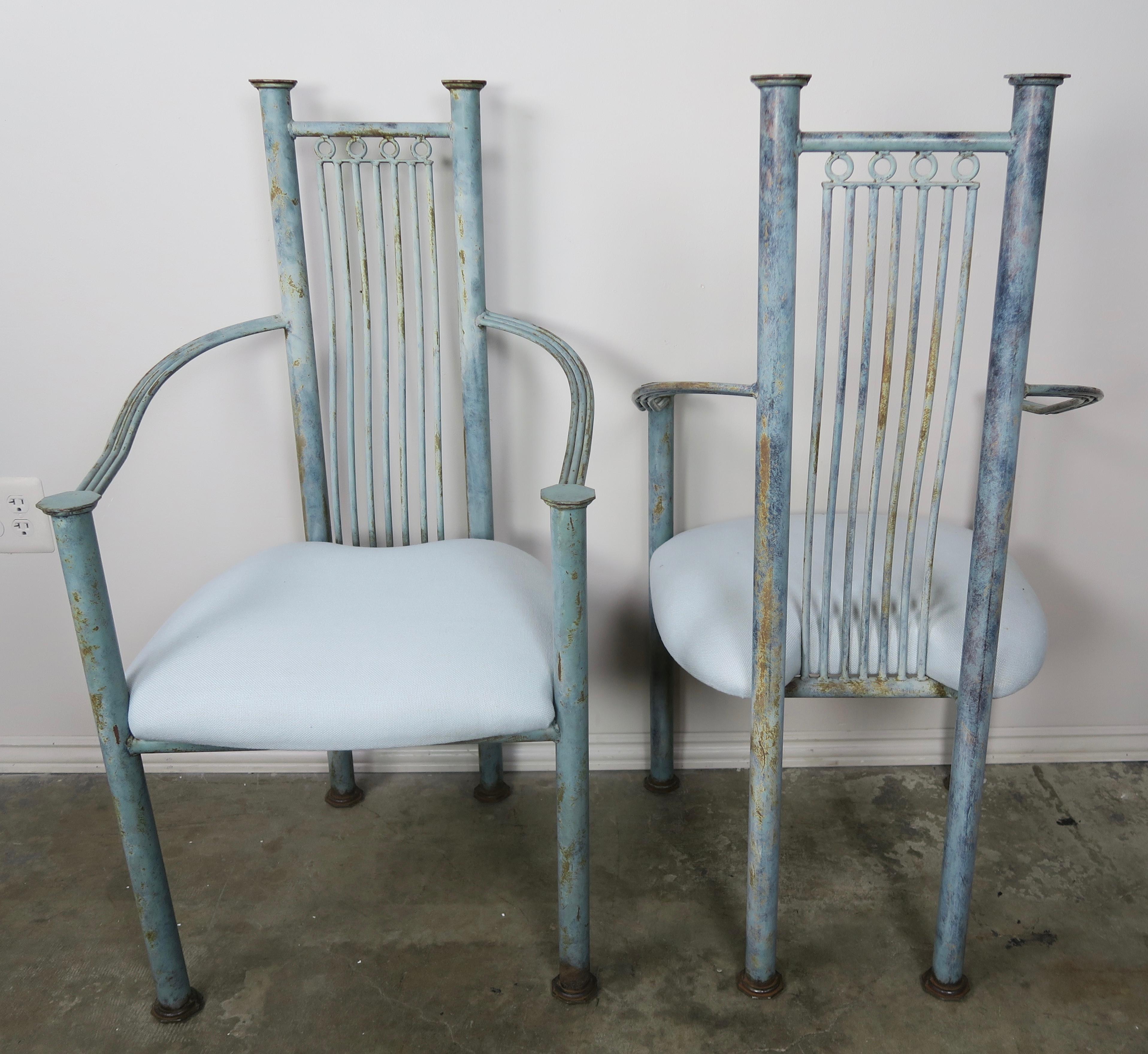 Set of Six Painted Iron Dining Chairs with Linen Seats 1