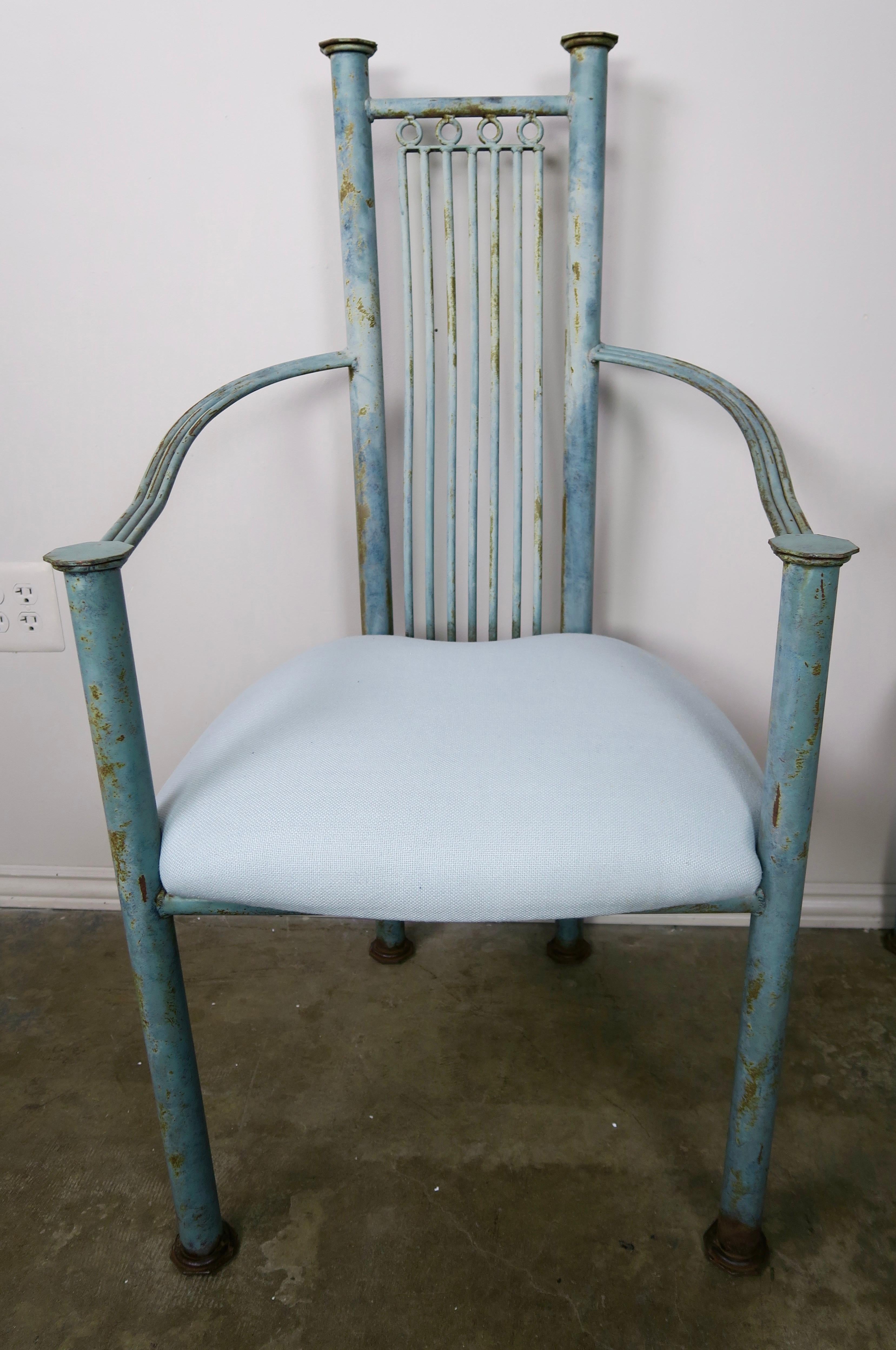 Set of Six Painted Iron Dining Chairs with Linen Seats 2