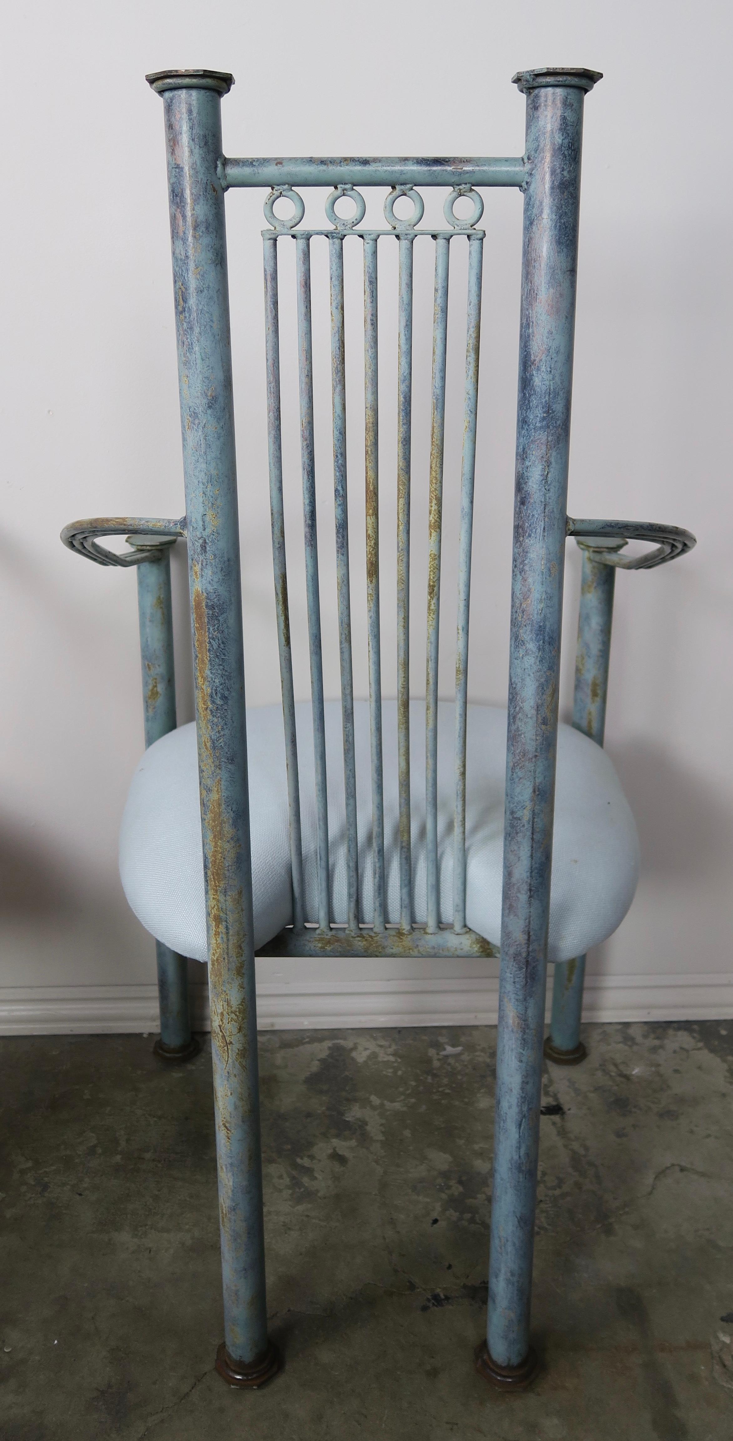 Set of Six Painted Iron Dining Chairs with Linen Seats 3