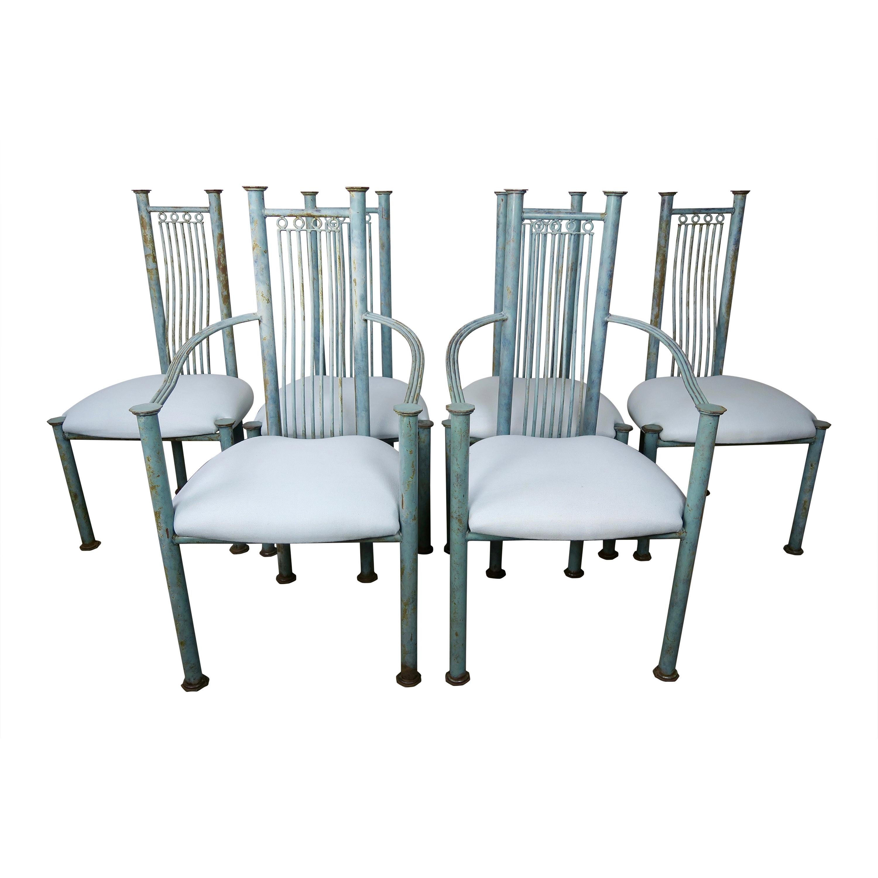 Set of Six Painted Iron Dining Chairs with Linen Seats