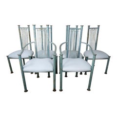 Used Set of Six Painted Iron Dining Chairs with Linen Seats