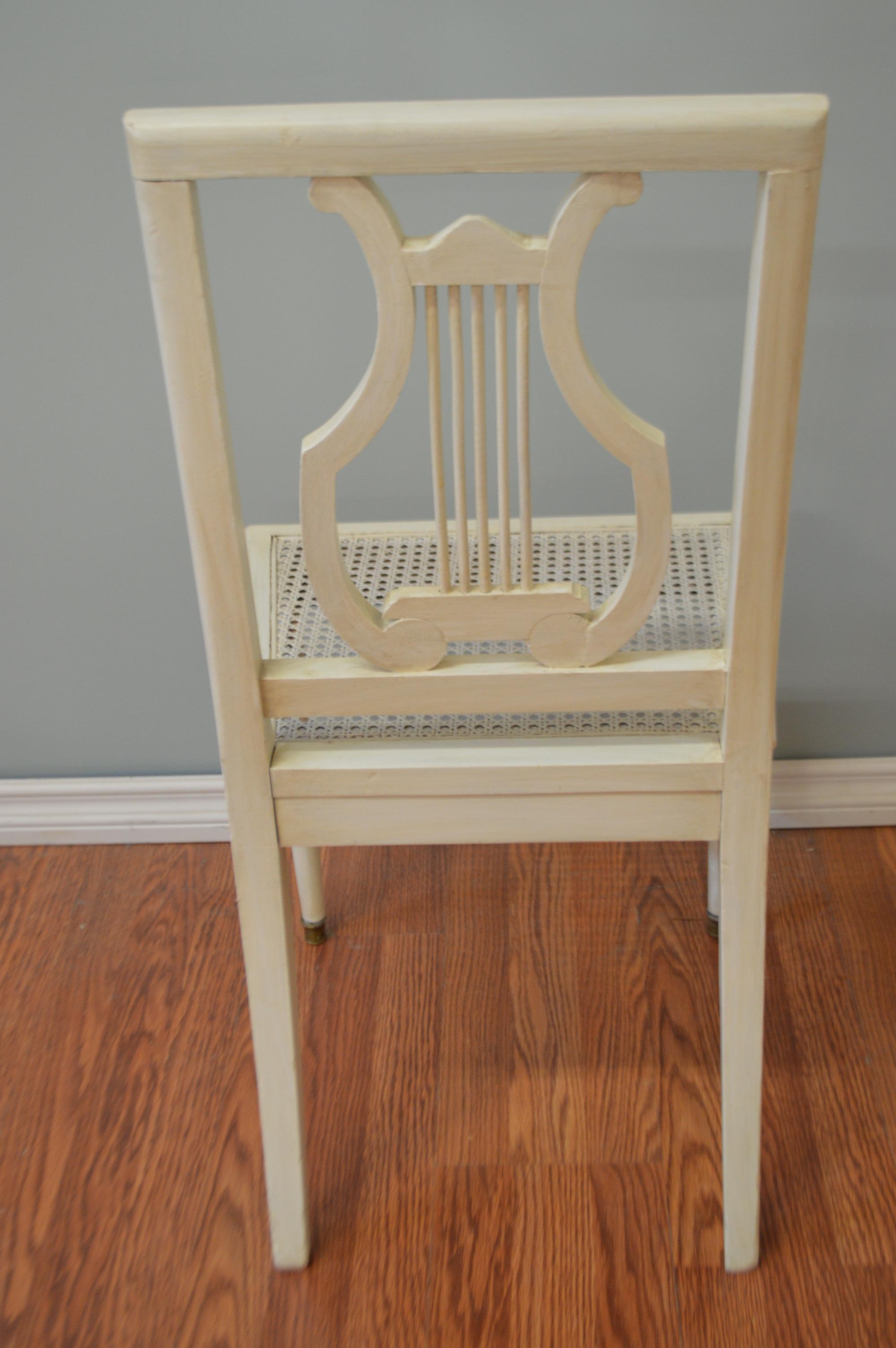 Set of Six Painted Lyre Back Dining Chairs with Caned Seat, Removable Cushions In Excellent Condition For Sale In Oakville, ON