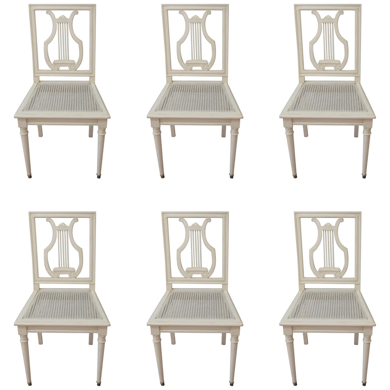 Set of Six Painted Lyre Back Dining Chairs with Caned Seat, Removable Cushions For Sale