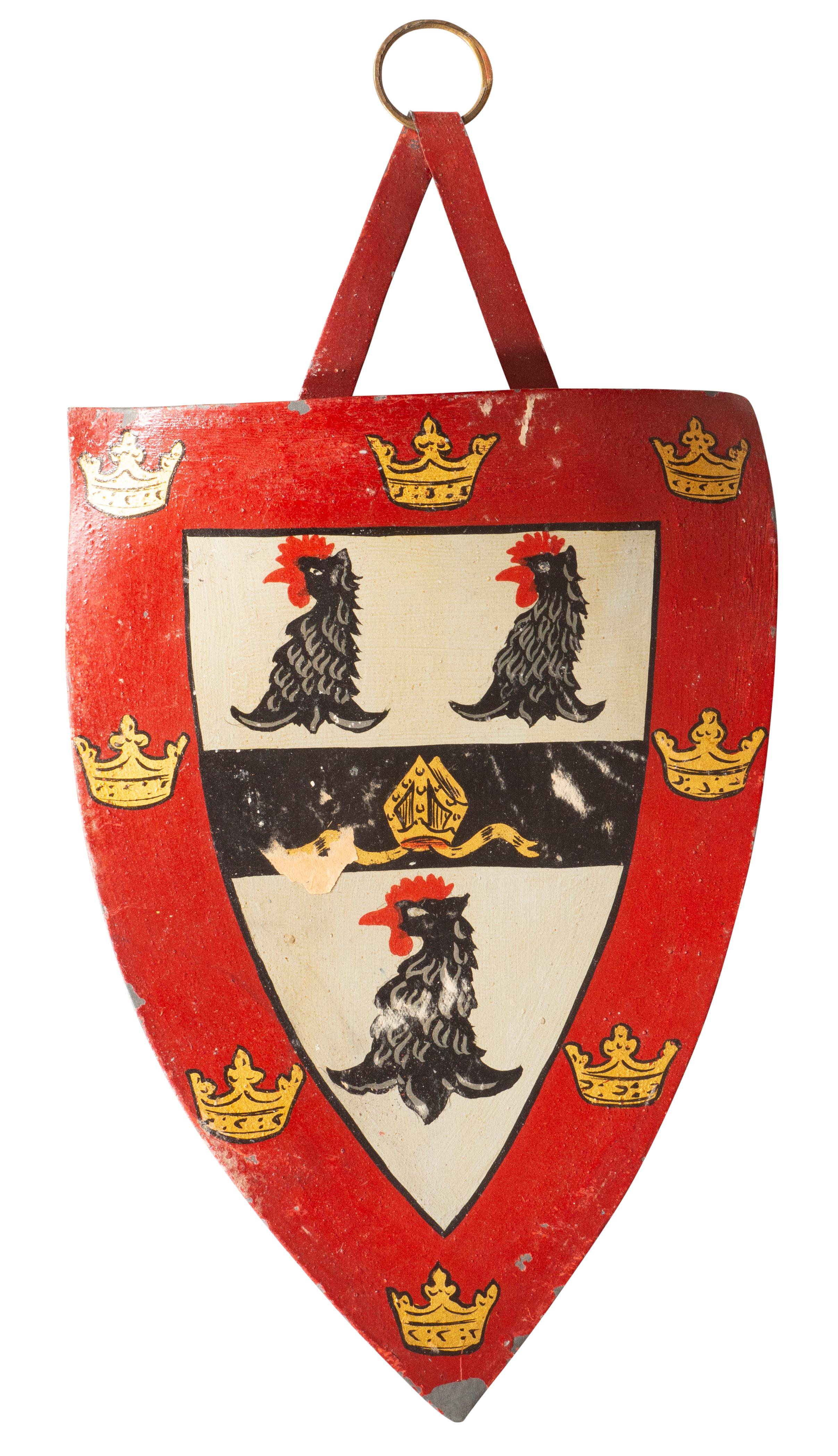 Shield shape each painted with a different college. Some identified on recerse.