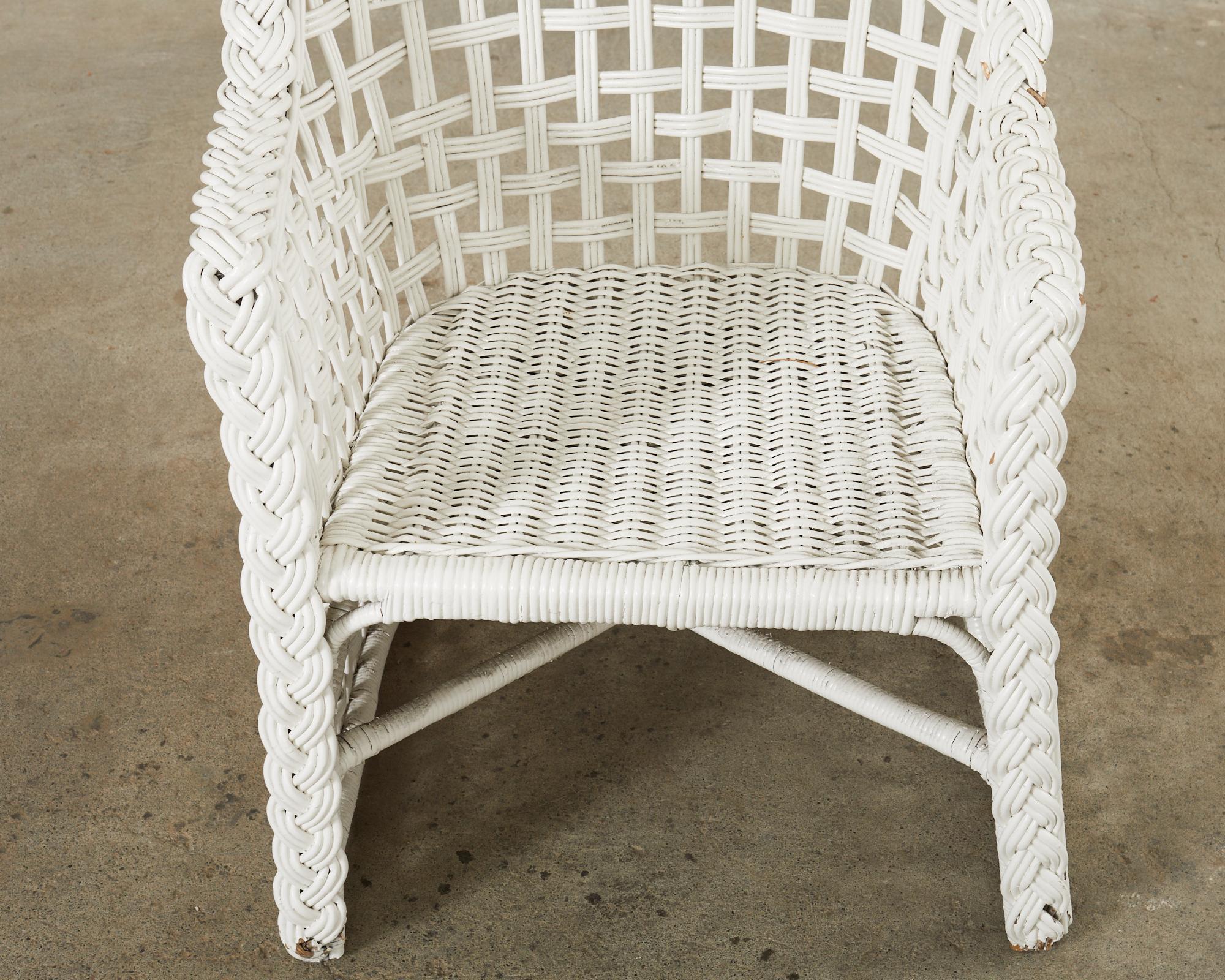 Set of Six Painted Wicker Rattan Garden Dining Armchairs  For Sale 7