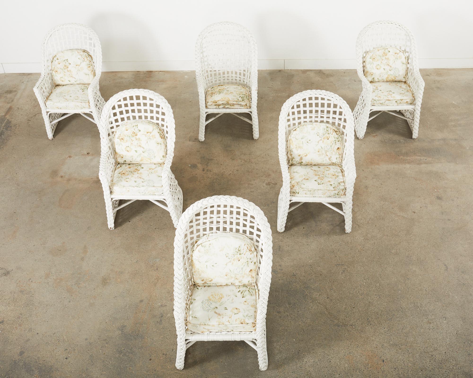 Mid-Century Modern Set of Six Painted Wicker Rattan Garden Dining Armchairs  For Sale