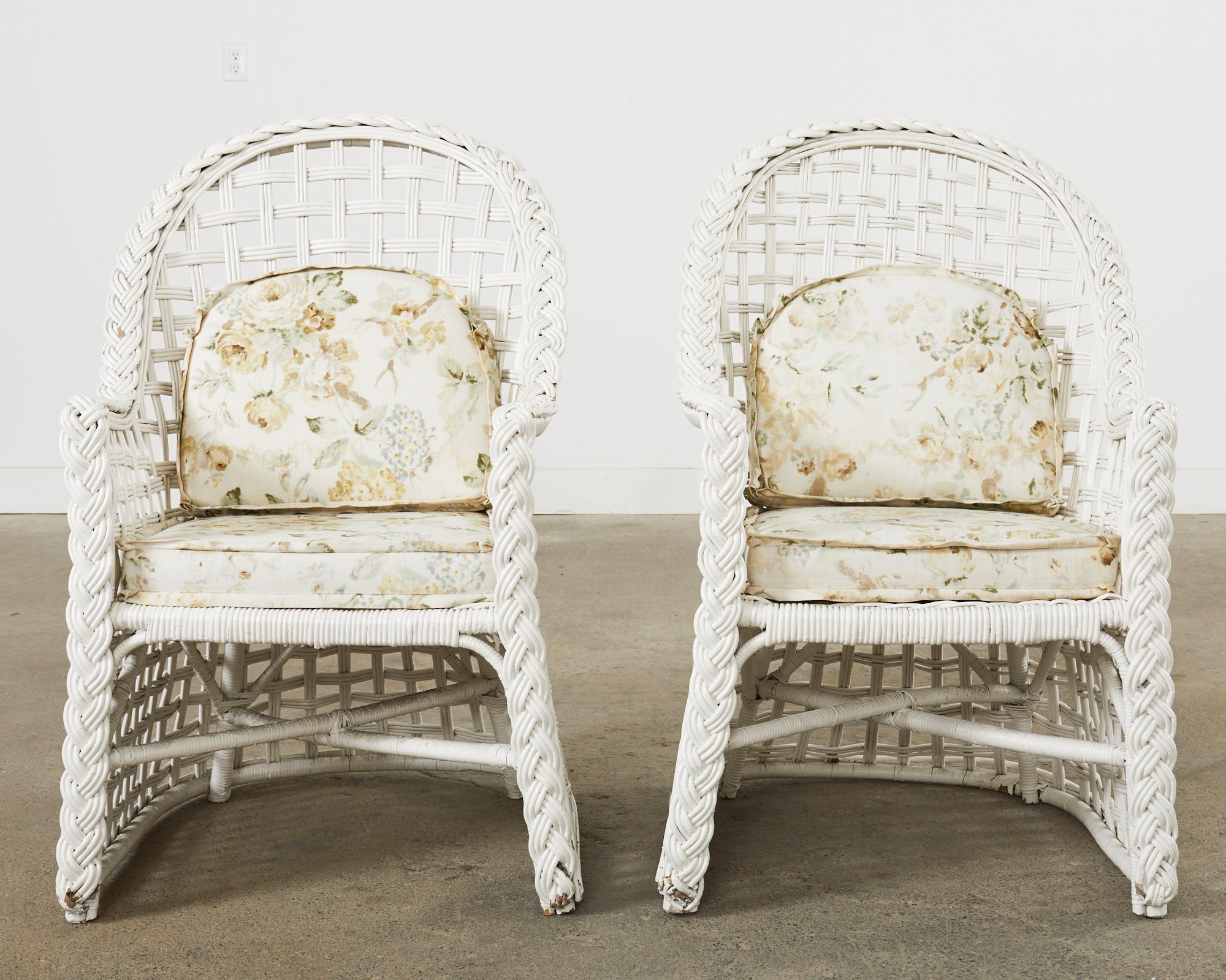 Unknown Set of Six Painted Wicker Rattan Garden Dining Armchairs For Sale